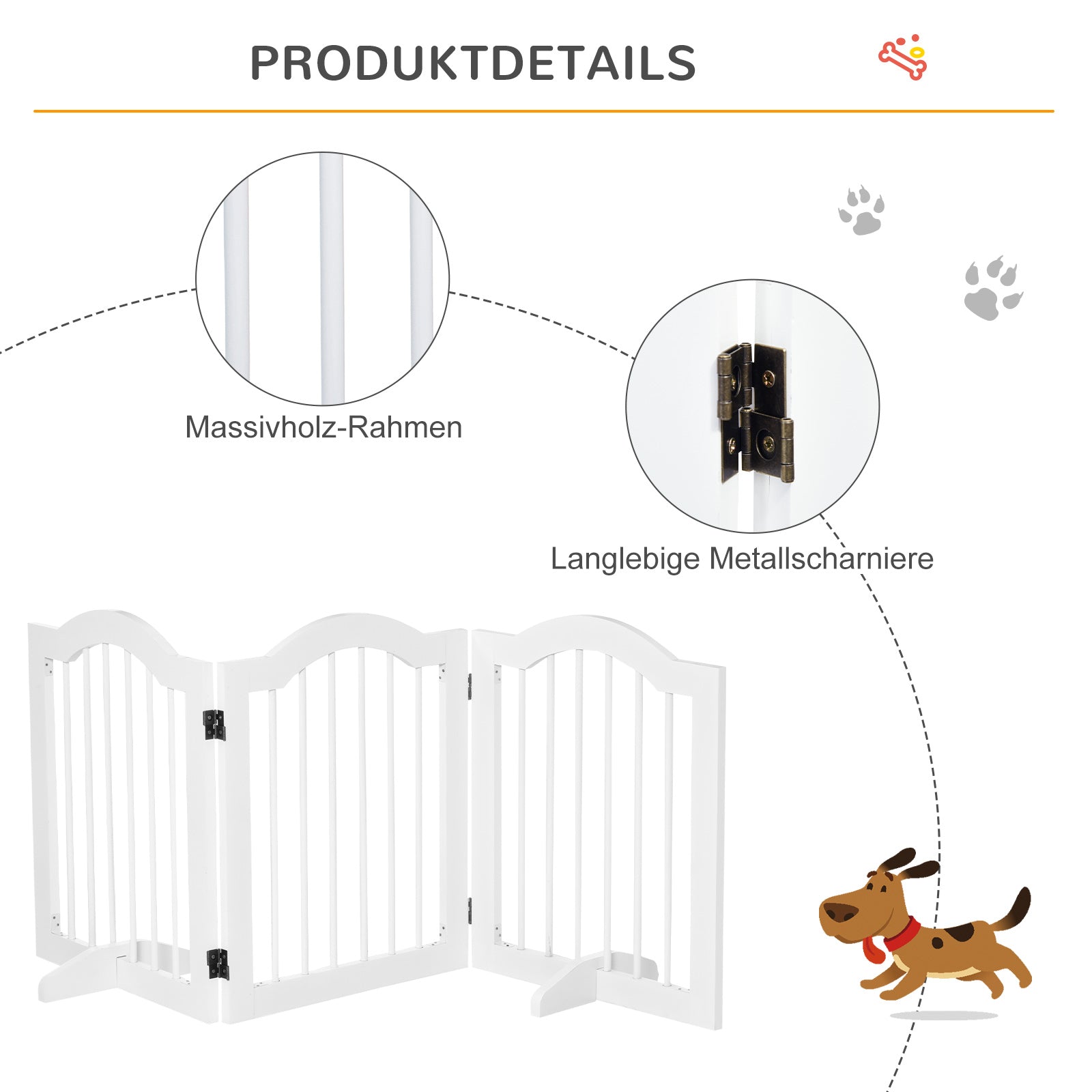 Dog Barrier Safety Gate, 3-Part Foldable MDF White