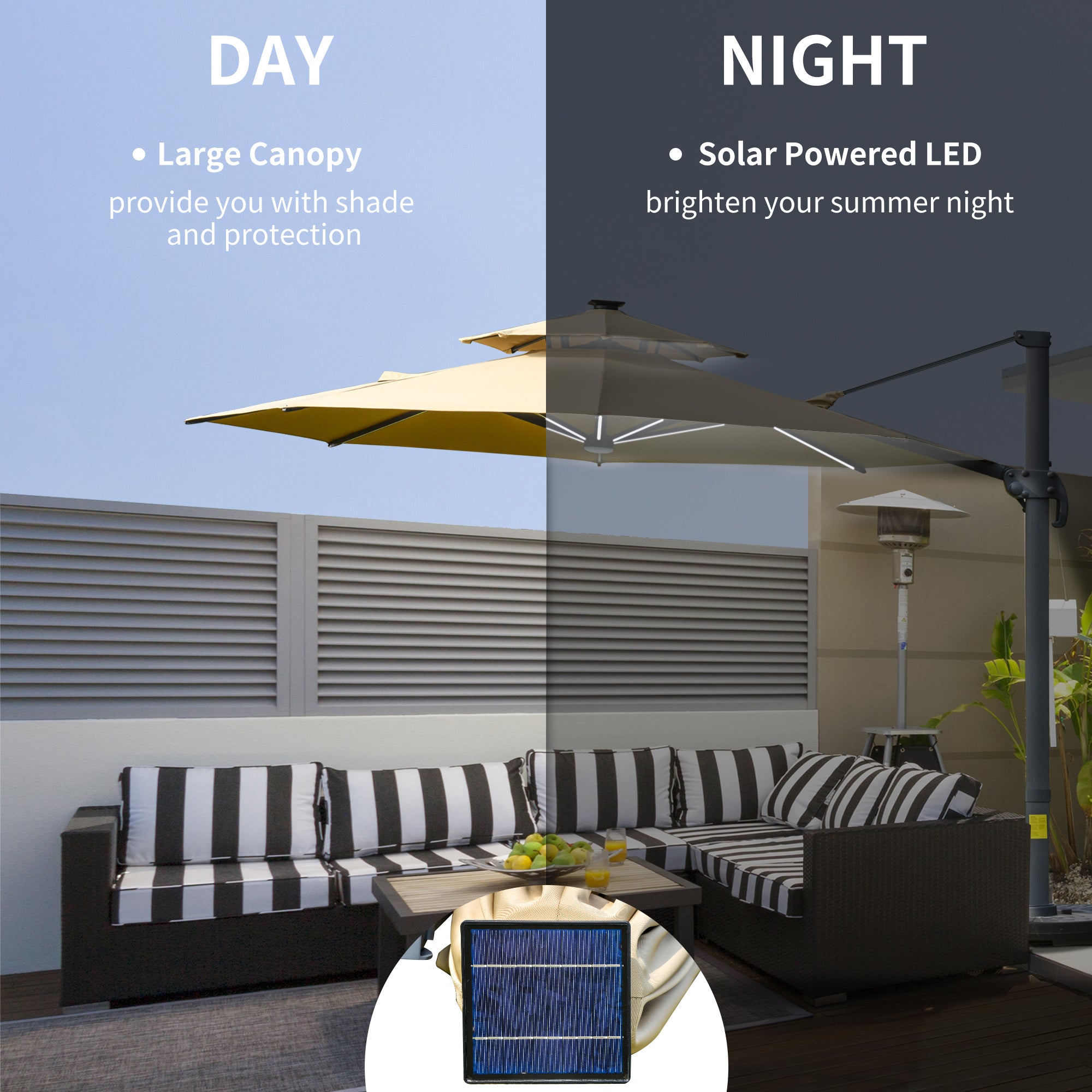 3m Cantilever Parasol, Solar Lights Power Bank Base 360° Spin, Beige
