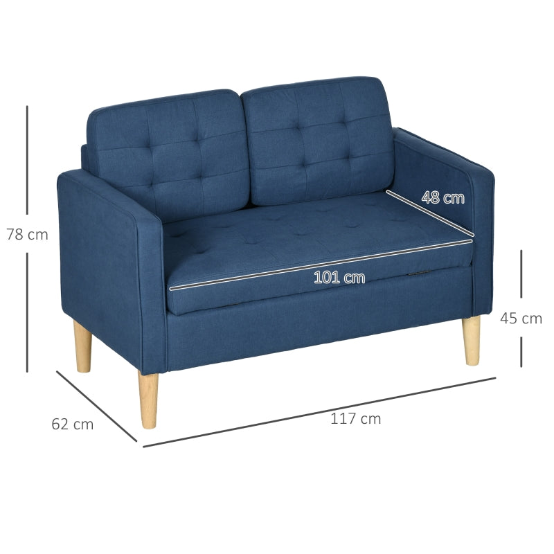 Modern Loveseat Sofa, Hidden Storage 2 Seater, Blue Cotton
