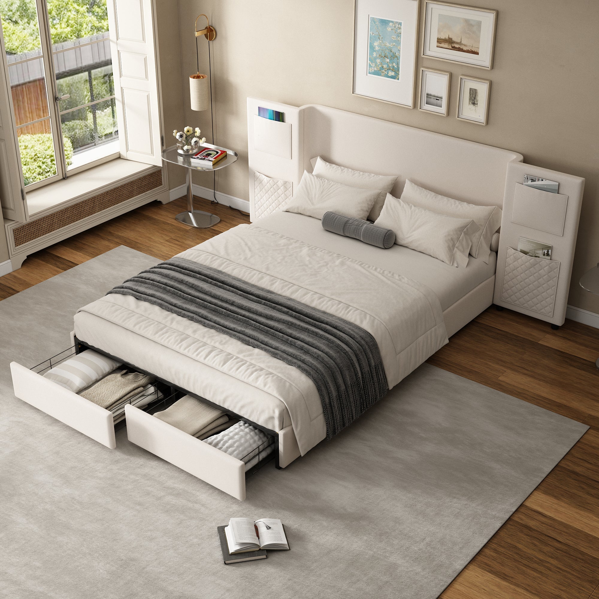 Upholstered Bed 4ft6 Double 135x190cm with Storage Pockets & Drawers, Beige Velvet