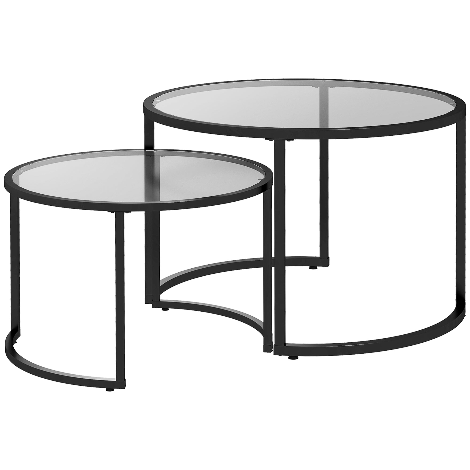 Coffee Table Set of 2, Stackable Side Tables, Black Steel & Tempered Glass