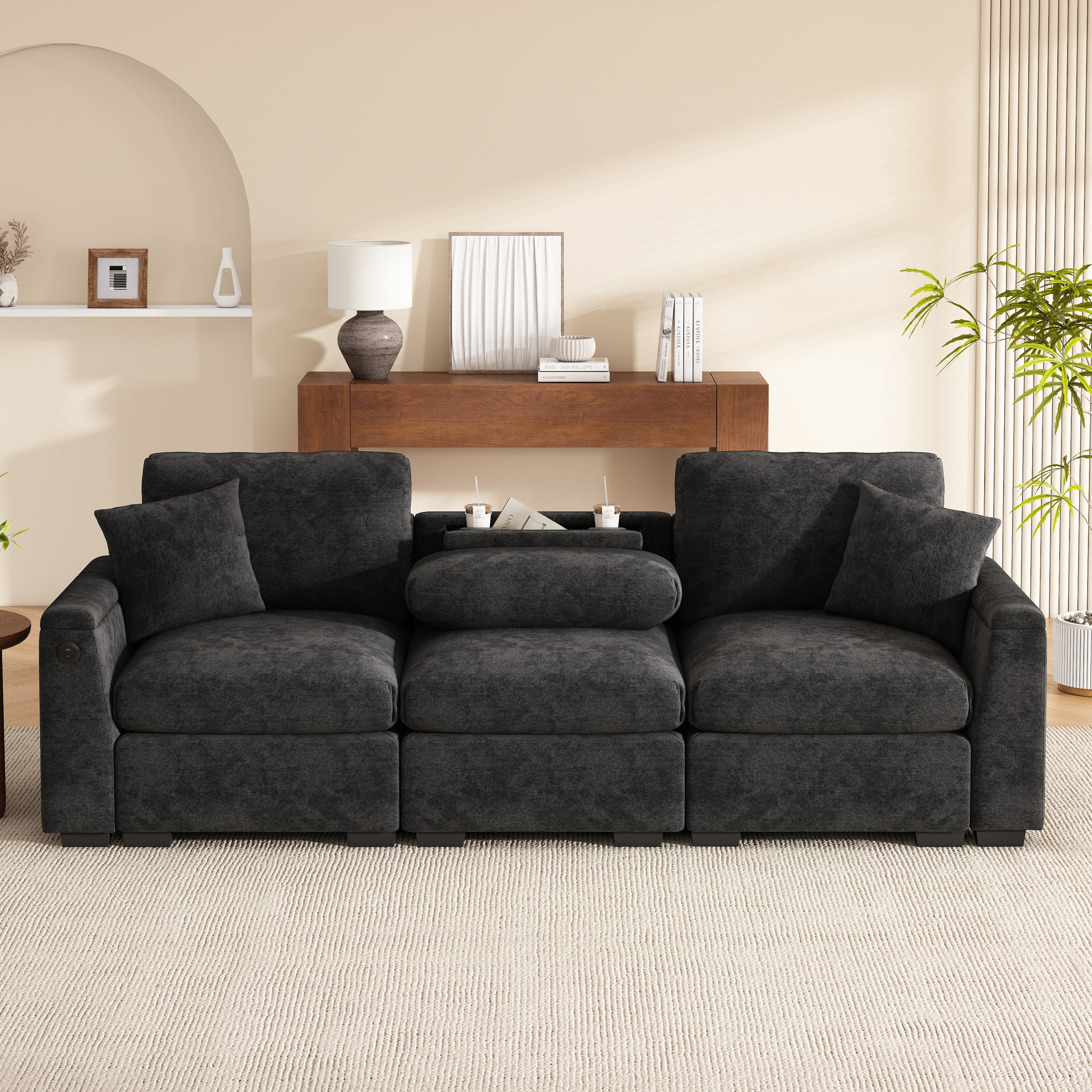 Sofa Three-Seater with Folding Table, USB, Drink Holder & Storage, Chenille