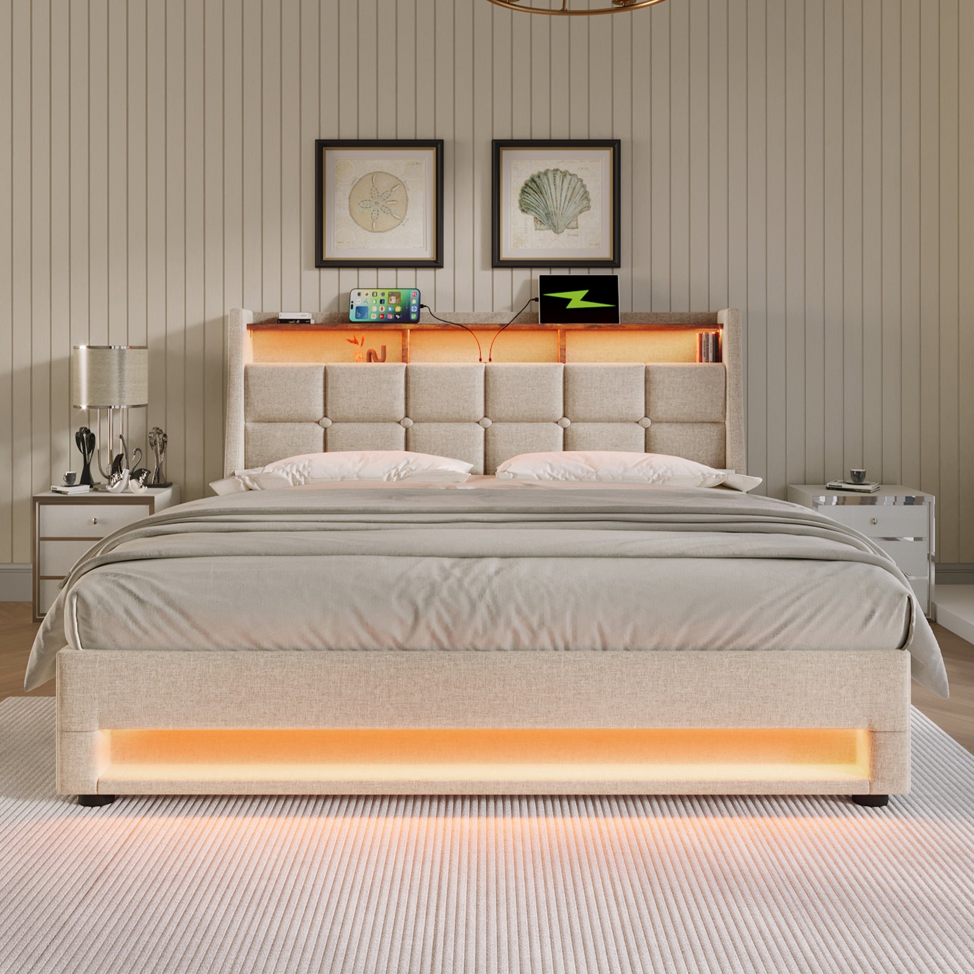 Upholstered Double Bed 150 x 200 cm with LED Lighting, USB Type-C Charging, Storage Headboard, 5FT King Size, Linen, Beige