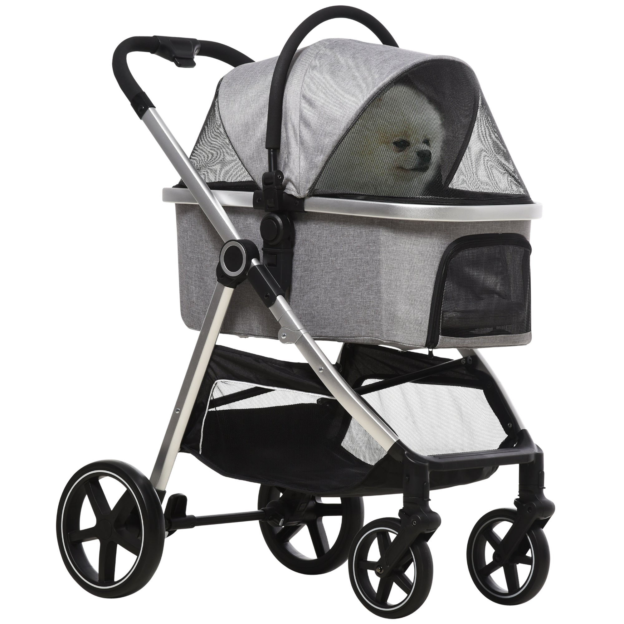 Dog Stroller 2-in-1 Foldable, Brakes, Mesh Window, Light Grey