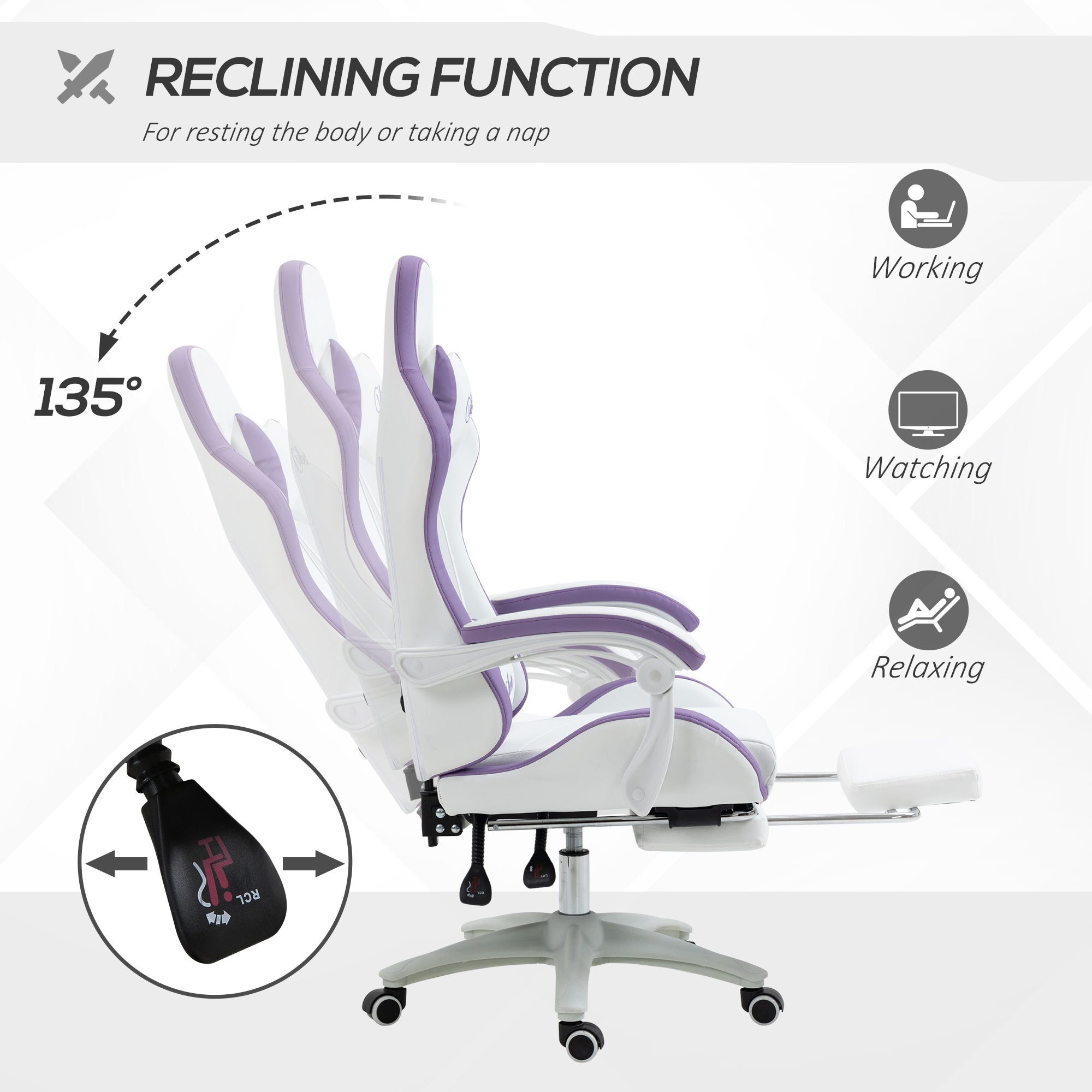 Computer Gaming Chair with Footrest, 135° Reclining Back, Lumbar Support, PU Leather, White and Purple
