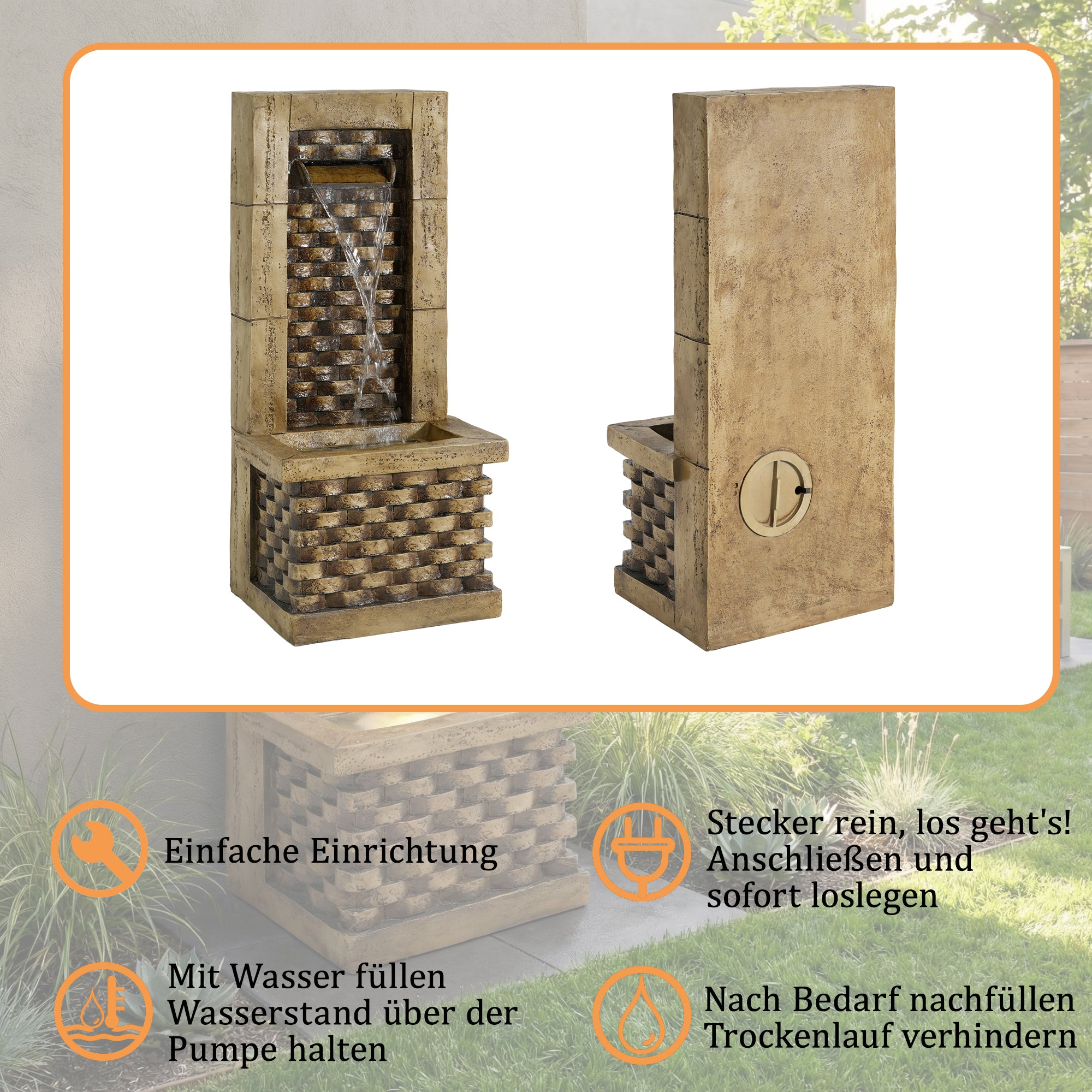 Garden Fountain with 230V Waterfall and Square Door Design, Antique Style