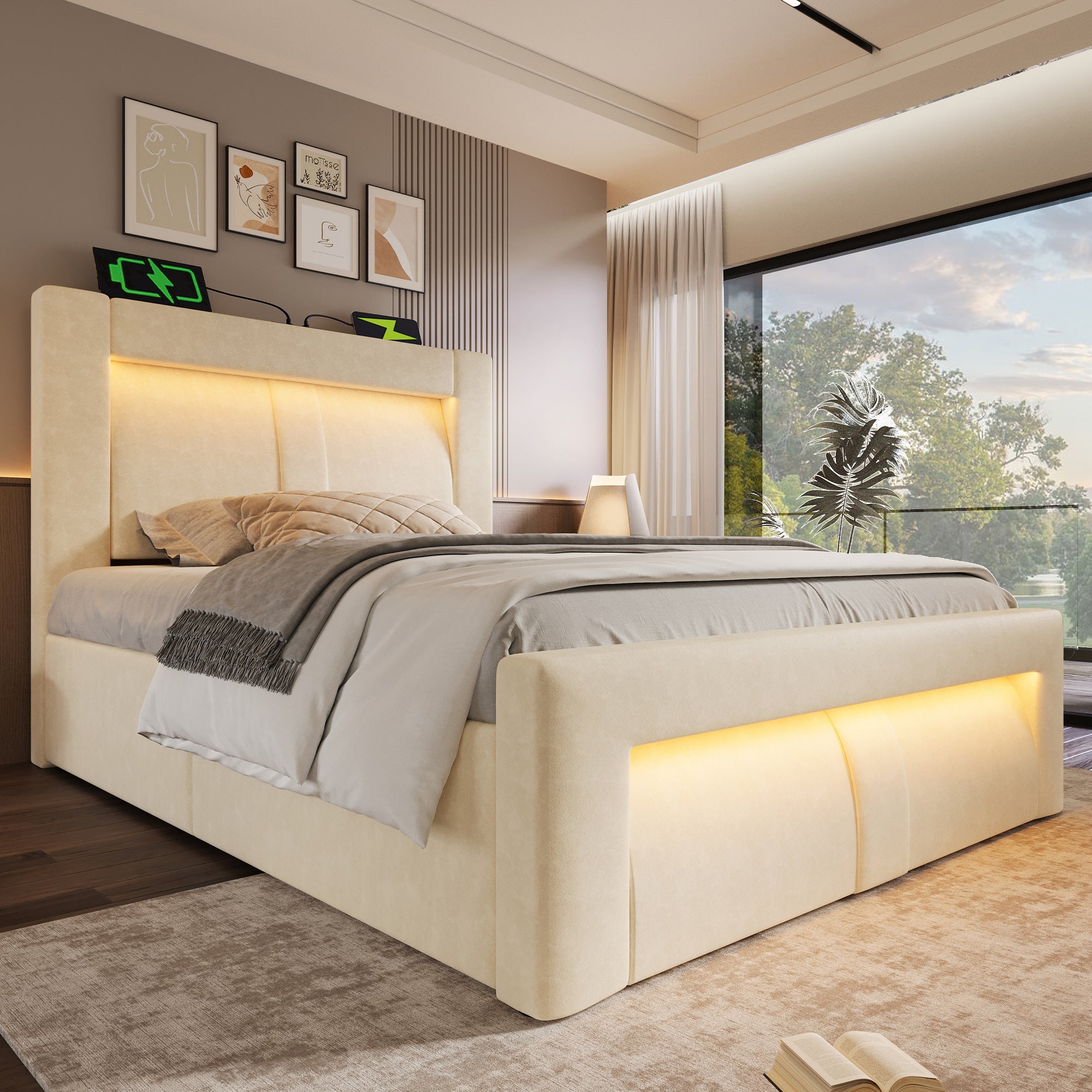 Single Bed with Hydraulic Storage, LED Lighting and Charging Ports, Beige Velvet