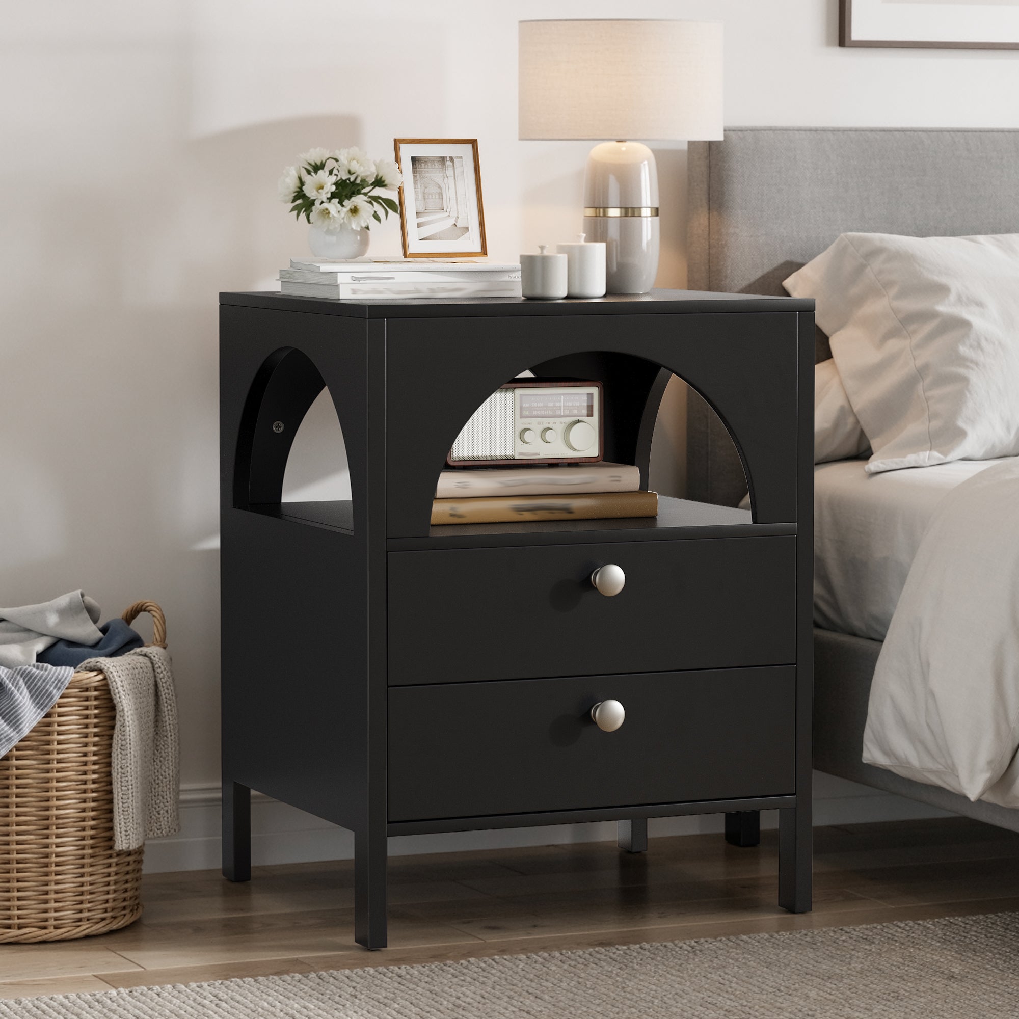 Bedside Table Modern 2 Drawers 1 Open Compartment 45x40x58cm Black