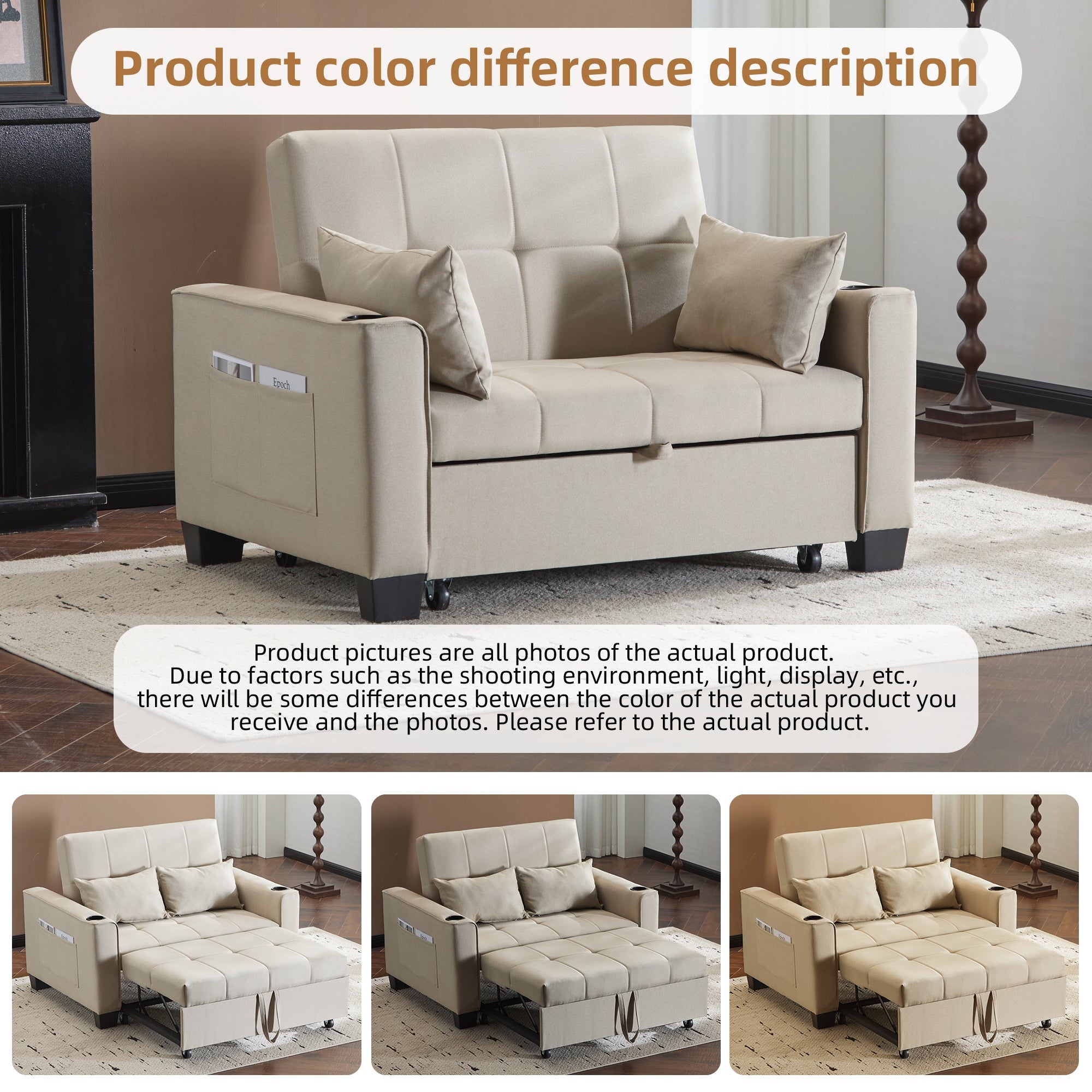 2 Seater Sofa Bed with Cup Holders, Pull Out Sleeper Sofa Convertible, Beige Fabric