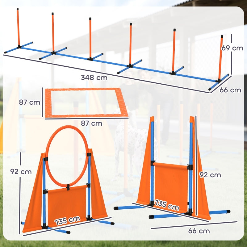 Dog Agility Equipment Set, Seven-Piece with Weave Poles, Jump Ring, Hurdle, Pause Box, Carry Bag, Orange