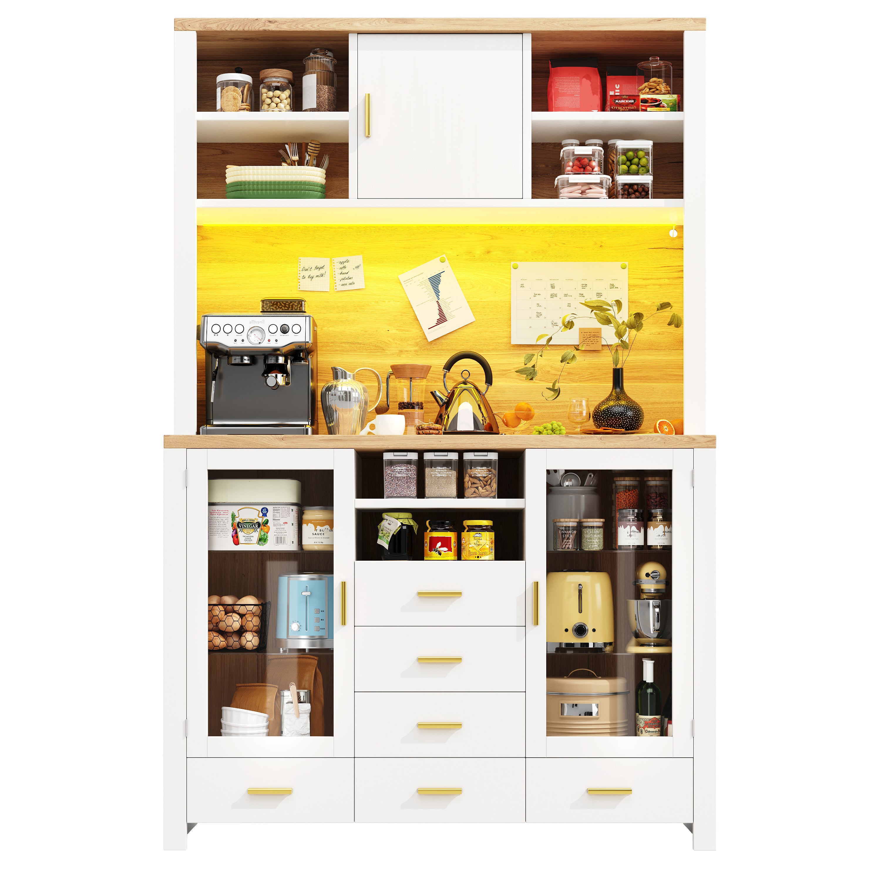 Buffet Sideboard Cabinet with LED Light Strip and Storage Drawers, 120x40x188cm, White and Wood Look