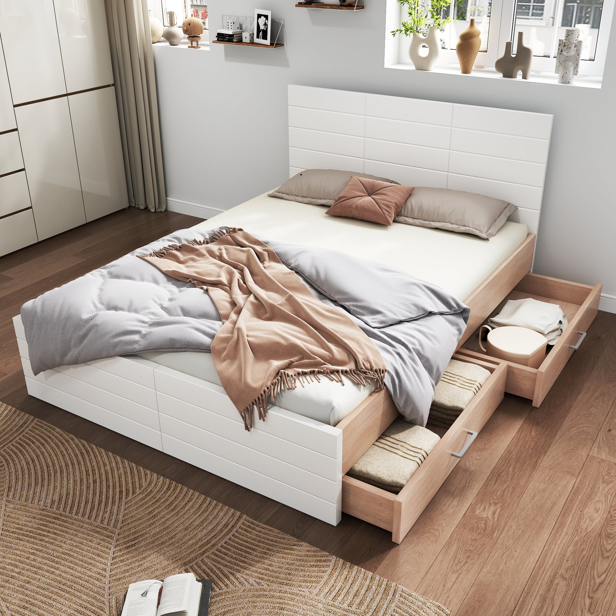 Double Wooden Bed, 160x200cm with 2 Drawers & Slatted Frame, Oak/White