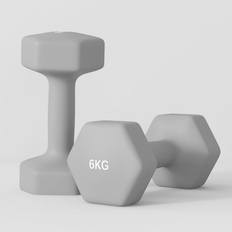 Dumbbell Set 2 x 6 kg Hexagonal Non-Slip - Grey