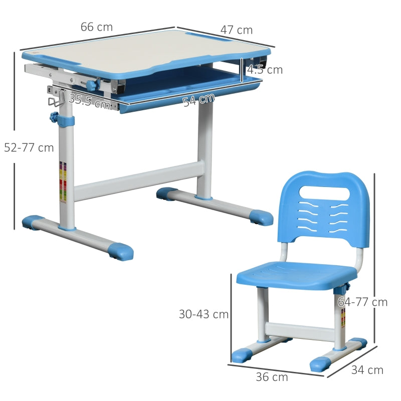 Kids Desk and Chair Set, Height Adjustable Tiltable Desktop, Blue