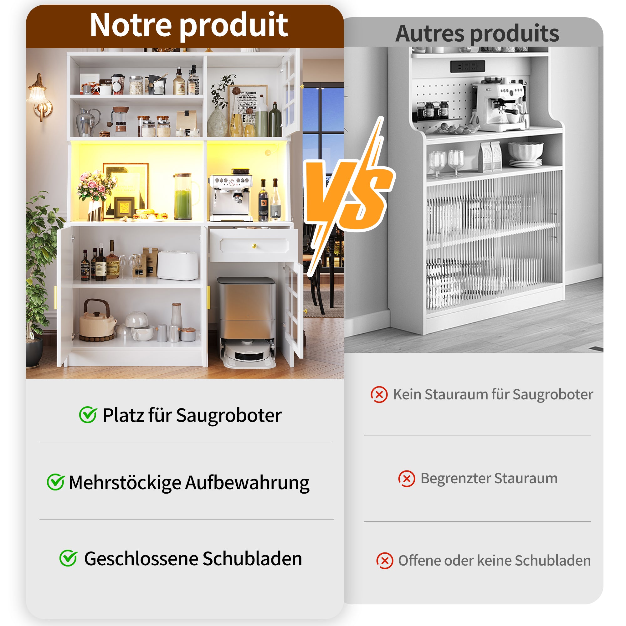 Tall Kitchen Cabinet with Glass Doors and LED Lighting, White