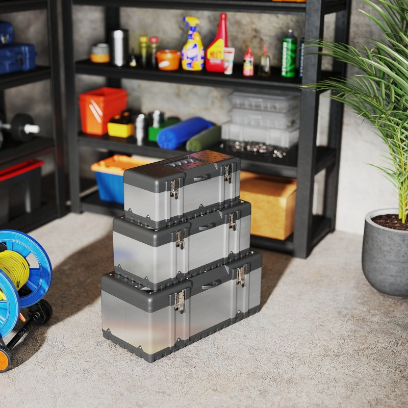 Tool Case, 3 Empty Tool Boxes with Removable Tray, Stainless Steel, Black + Silver