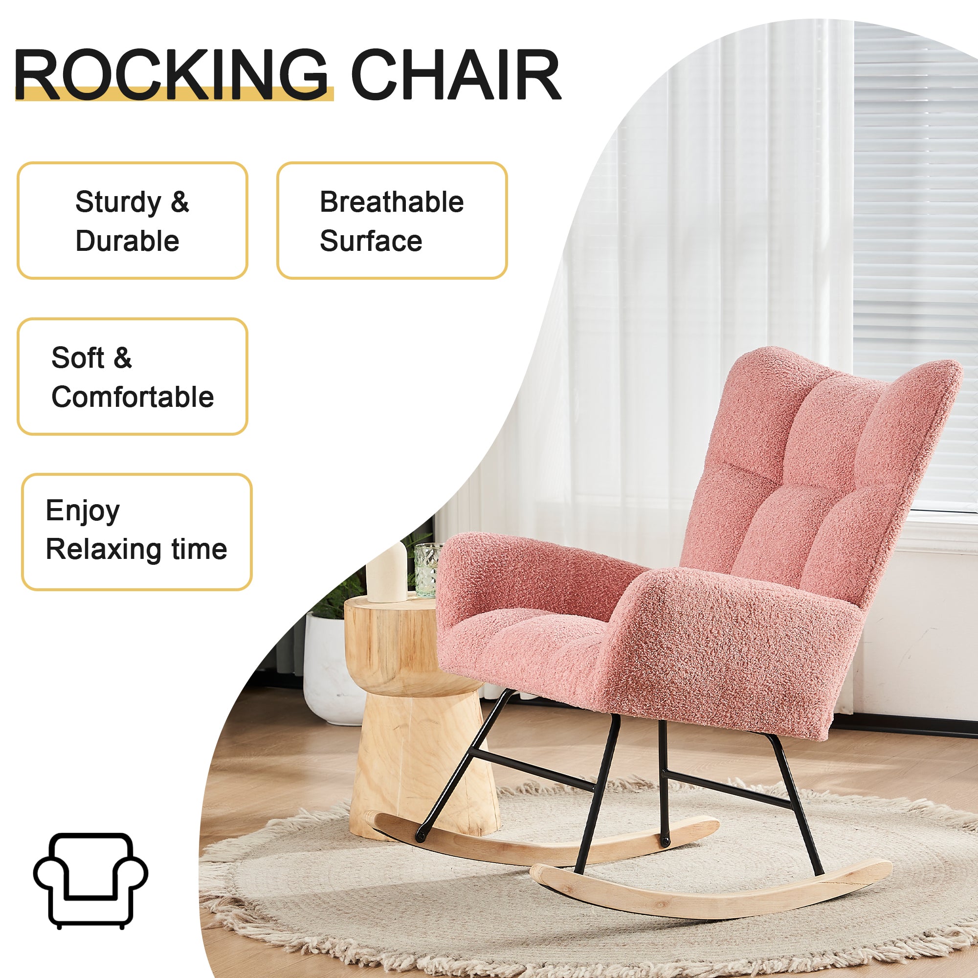 Rocking Chair, Modern High Backrest Comfortable, Pink