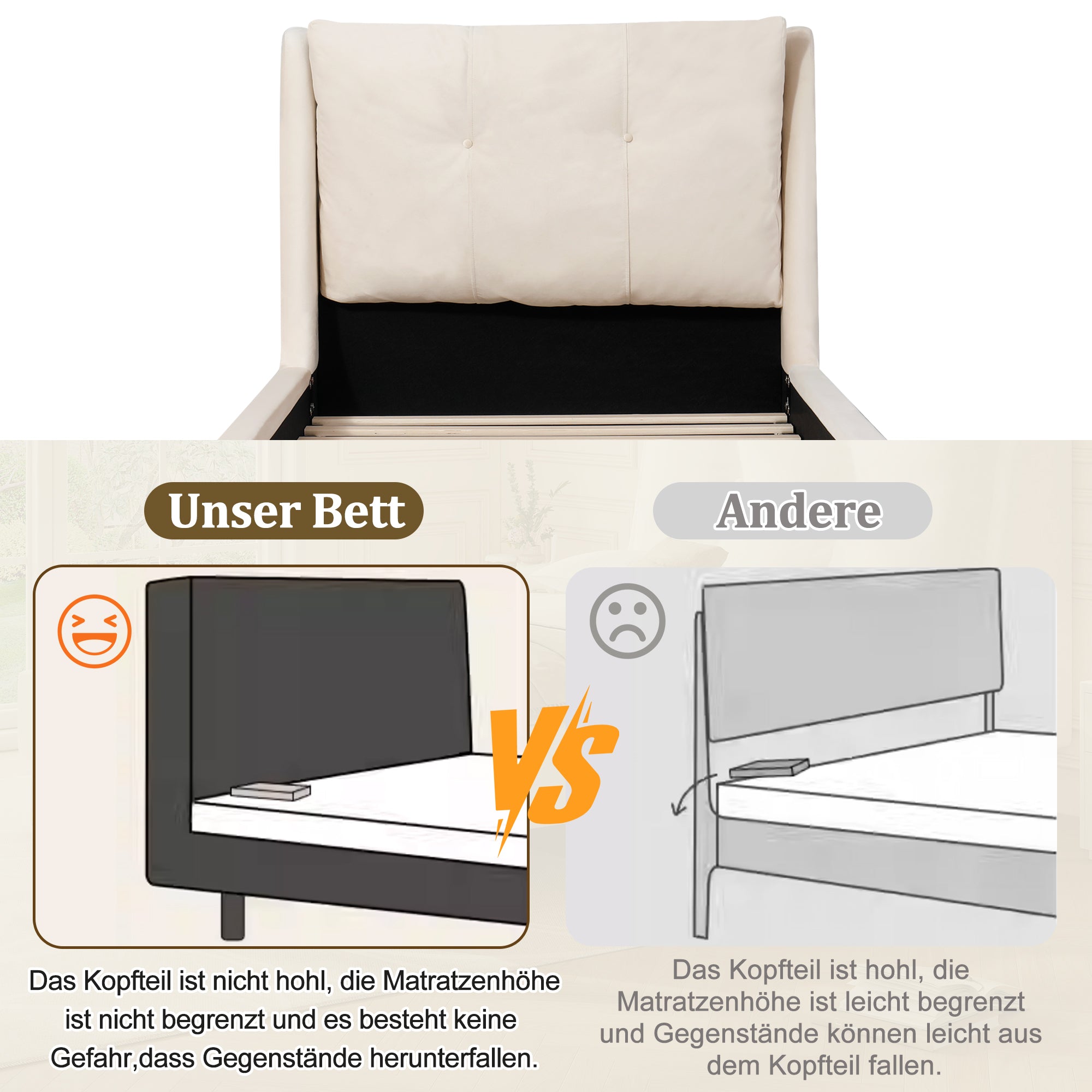 Upholstered Single Bed 90 x 200cm with Slatted Base and Solid Wood Legs, Beige Velvet