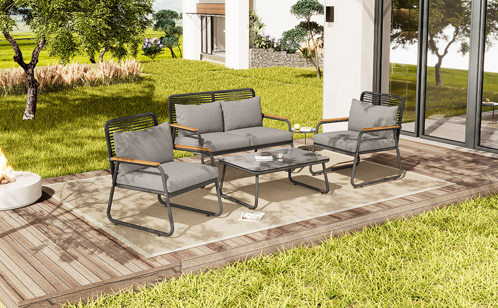 Garden lounge set sofa-table set for 4 with galvanized iron frame, tempered glass top, adjustable legs, grey