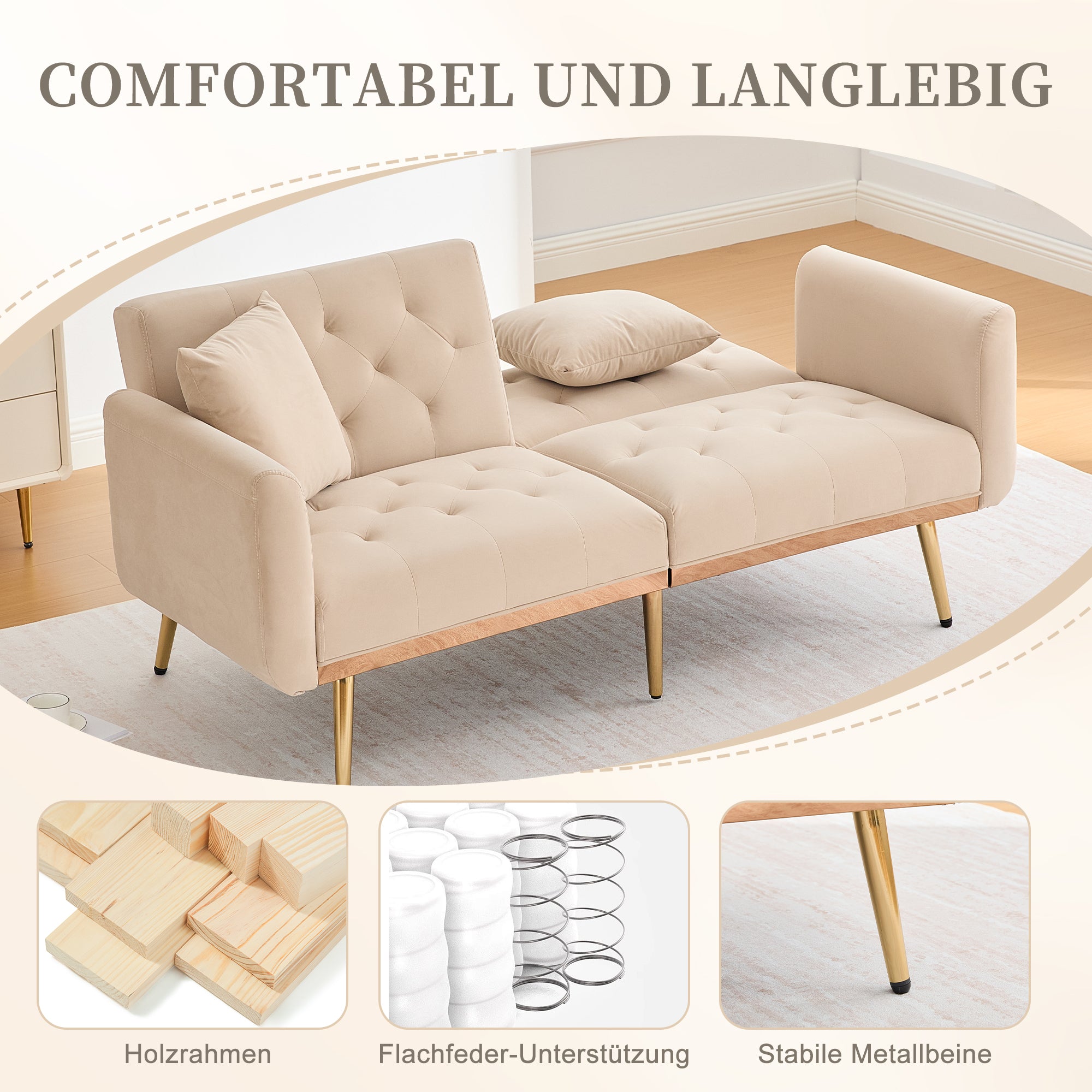 Double Sofa, Modern Velvet Sofa Bed with Adjustable Backrest, Beige