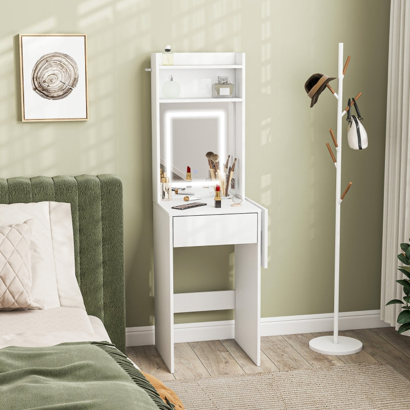Compact Dressing Table, Mirror, LED Lighting, Folding Tabletop, Open Shelves, Drawer, White MDF