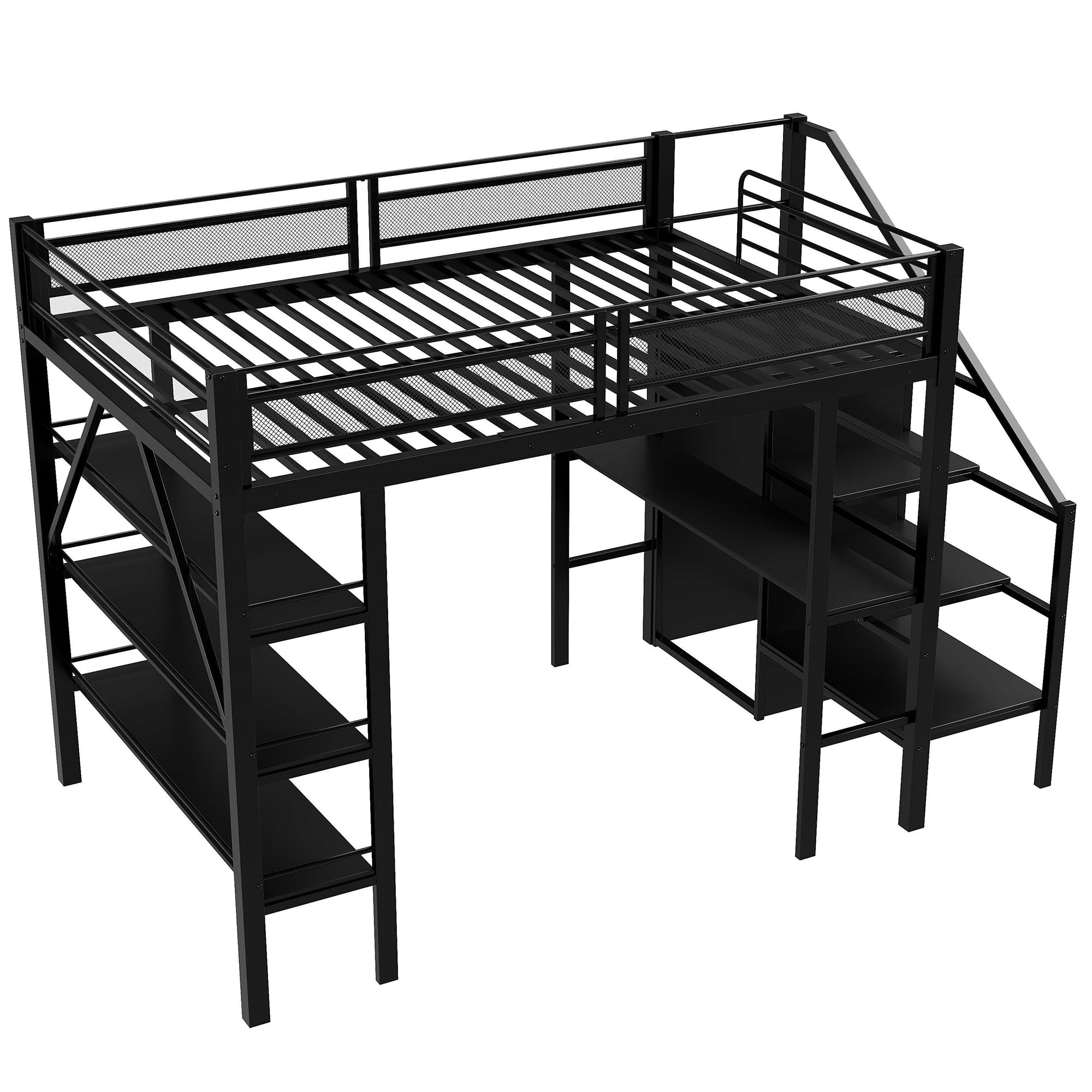 Loft Bed 140x200cm Storage Shelf Desk Wardrobe Iron, Black