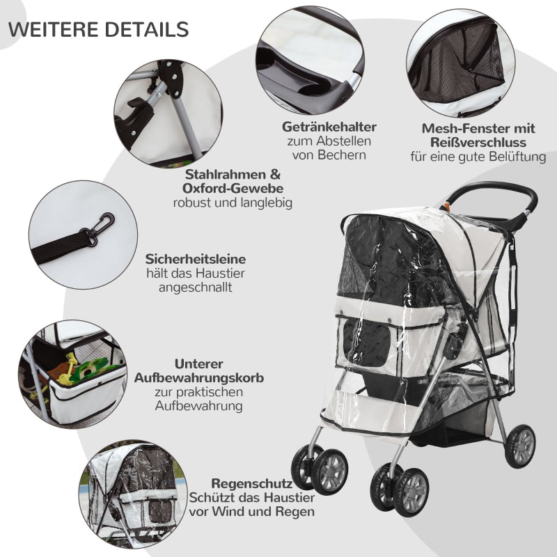 Dog Buggy, Foldable Rain Cover 2 Cup Holders, Grey