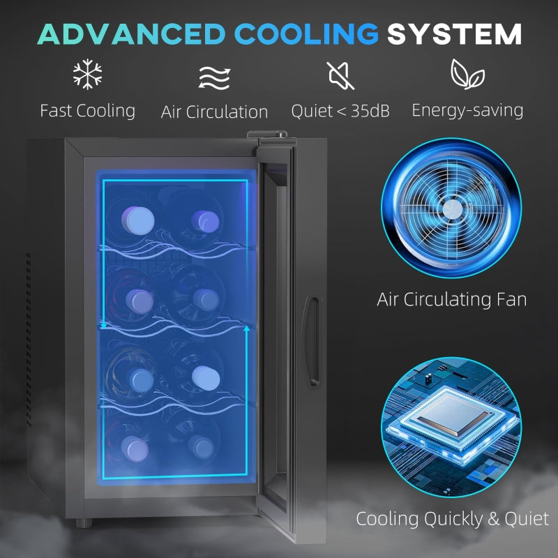 Mini Table Top Wine Fridge, 8 Bottle 17L, 8-18℃ Quiet, Glass Door LED Light Digital Touch Screen