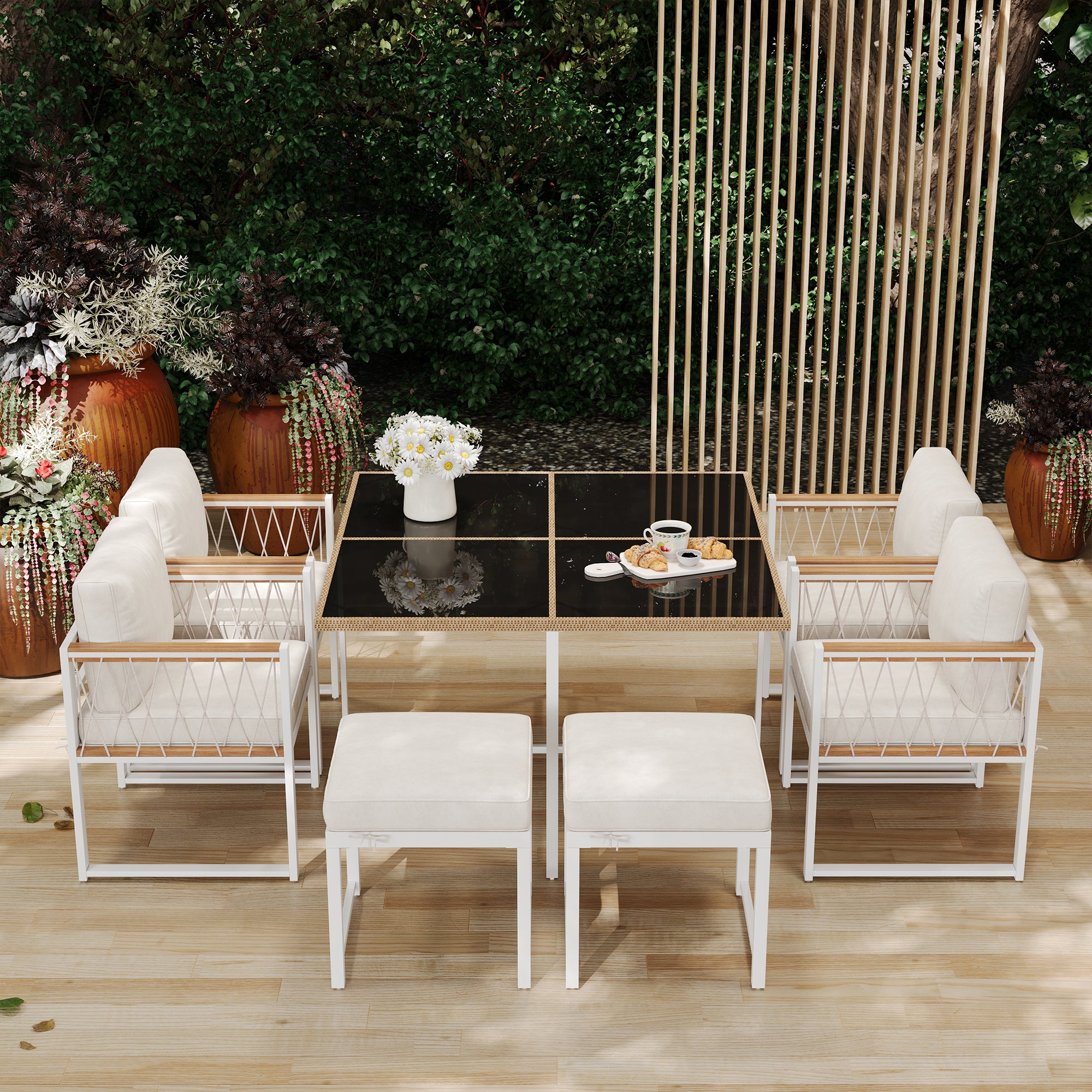 7-Piece Outdoor Dining Set, Tempered Glass PE Rattan, Acacia Wood