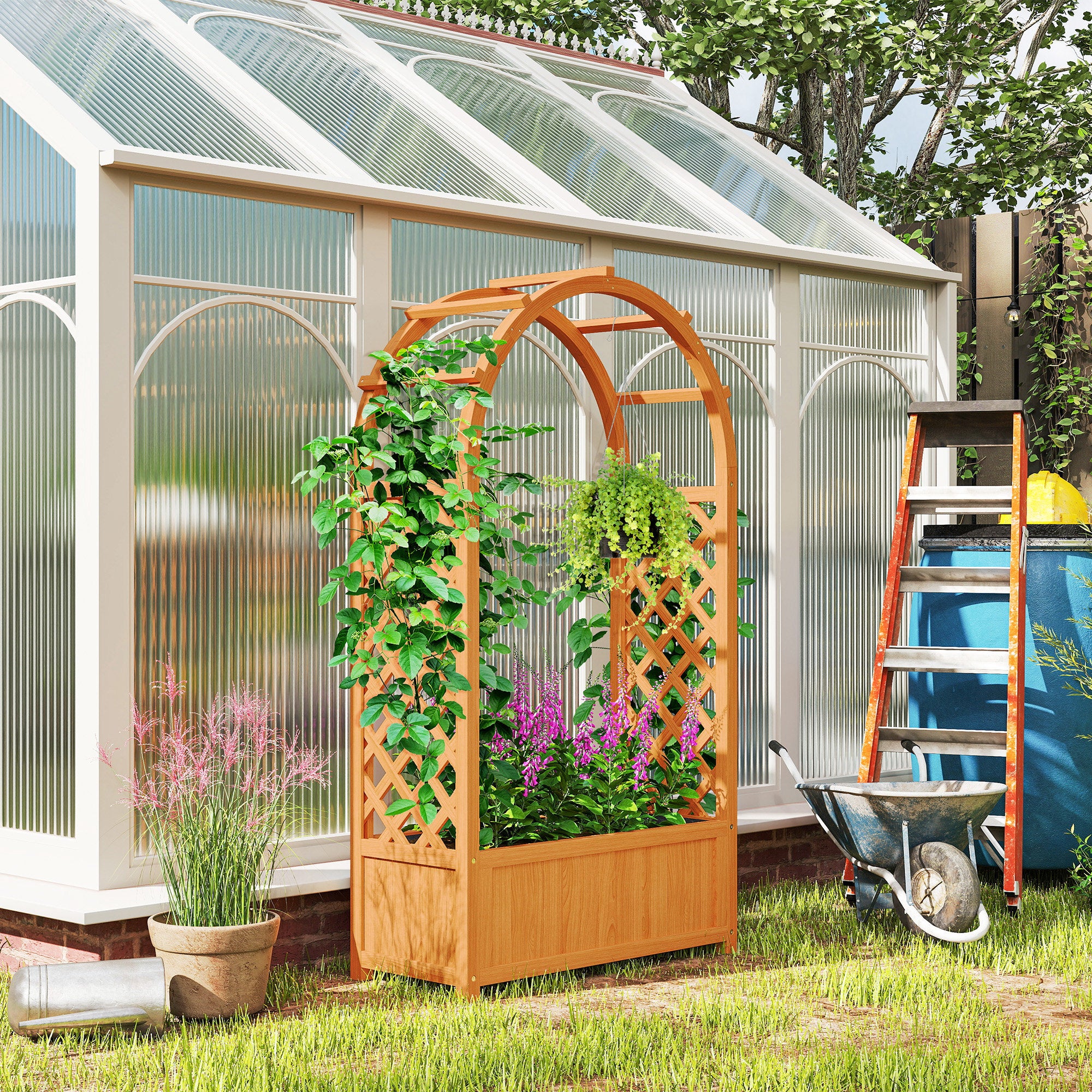 Wooden Raised Garden Bed with Trellis, Liner & Drainage for Climbing Plants, Brown Wood