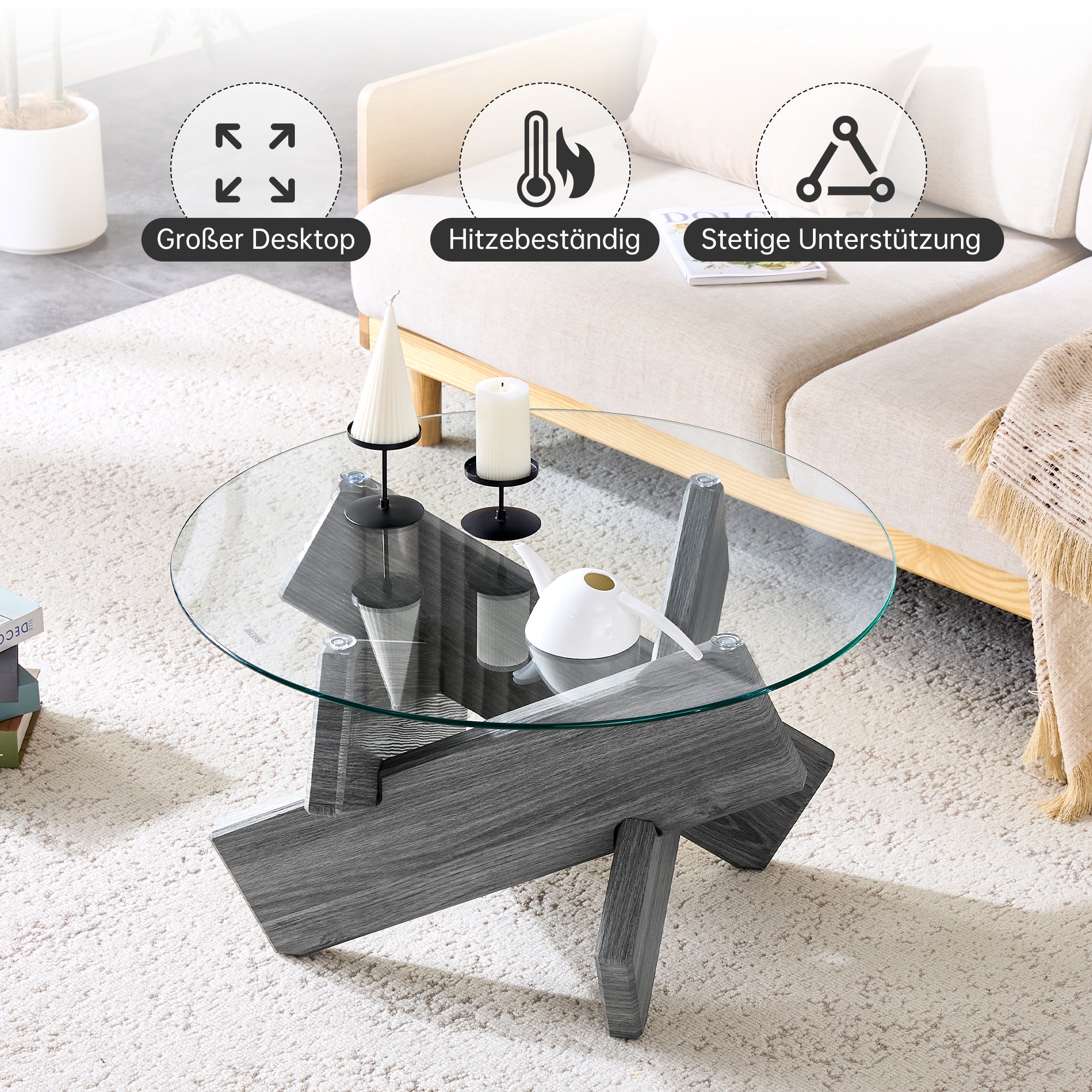 Round Coffee Table 79cm Tempered Glass Cross Legs - Gray MDF