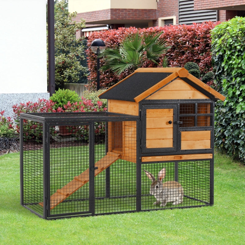 Rabbit Hutch Guinea Pig House Pet Bunny Cage Elevated for Outdoor, Wood-metal, Light Yellow