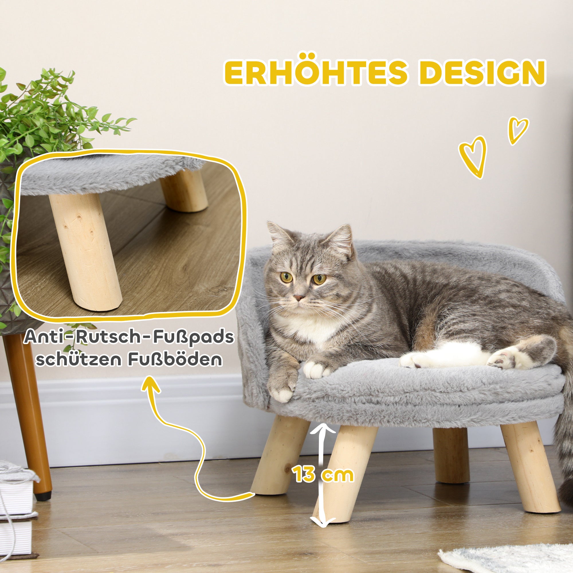 PawHut Dog Bed Cat Bed Sofa with Non-Slip Wooden Feet and Cushion, Grey