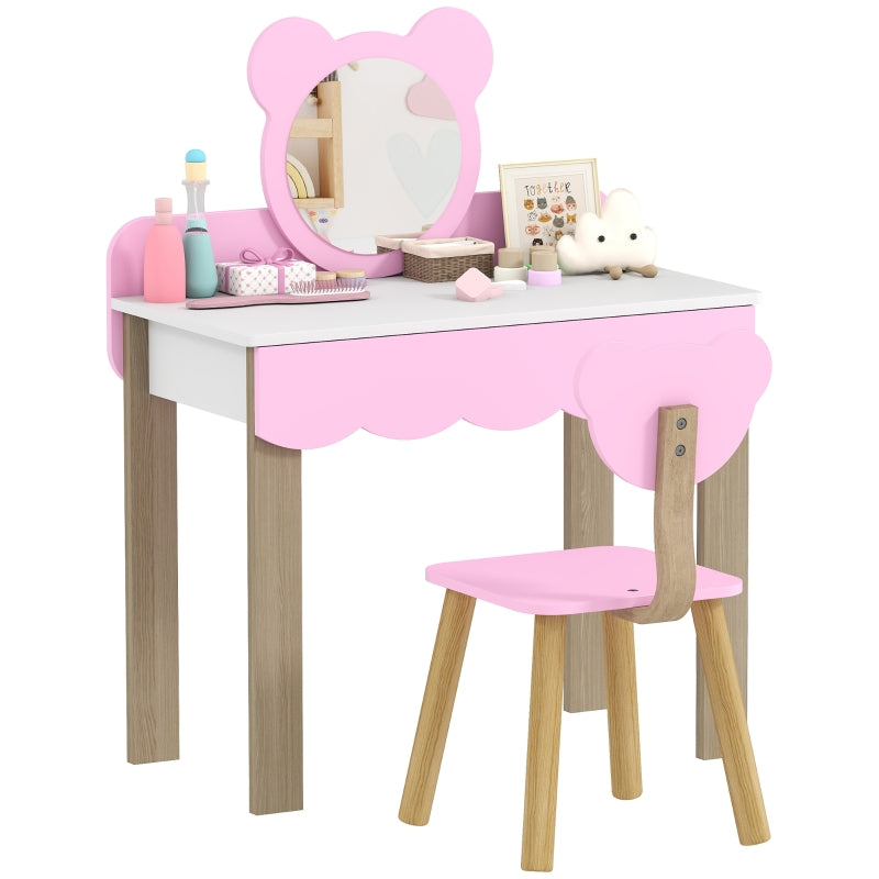 AIYAPLAY Dressing Table Set with Stool, Makeup Mirror, Bear Shape, MDF, Pink