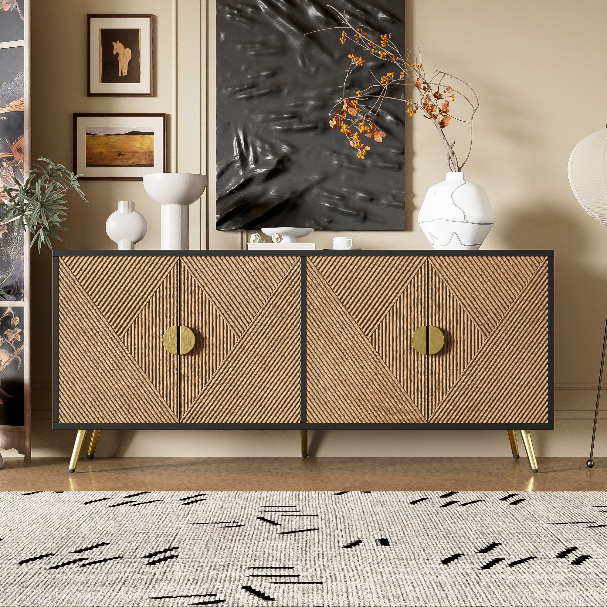 Sideboard, 160 cm, Four Doors, Golden Brushed Handles, High-Gloss Table Legs