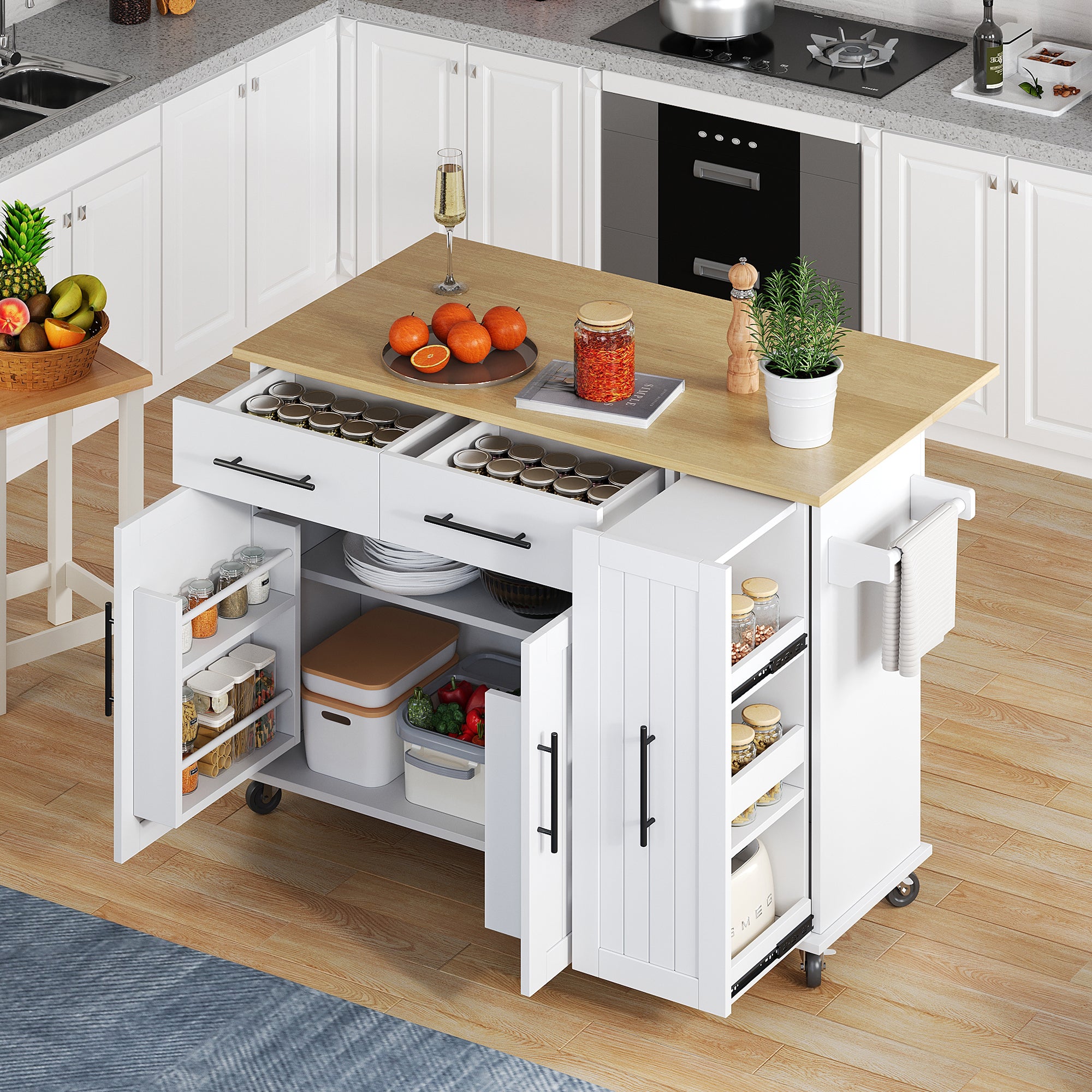 Kitchen Island Drop Leaf Storage Cart Rolling 3-Tier Pull-Out Organizer White