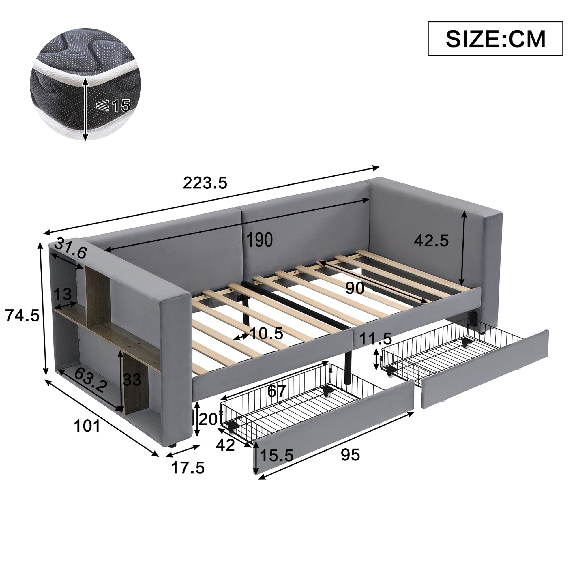 Upholstered Bed, 3FT Single 90x190cm Daybed with Storage, Velvet Grey