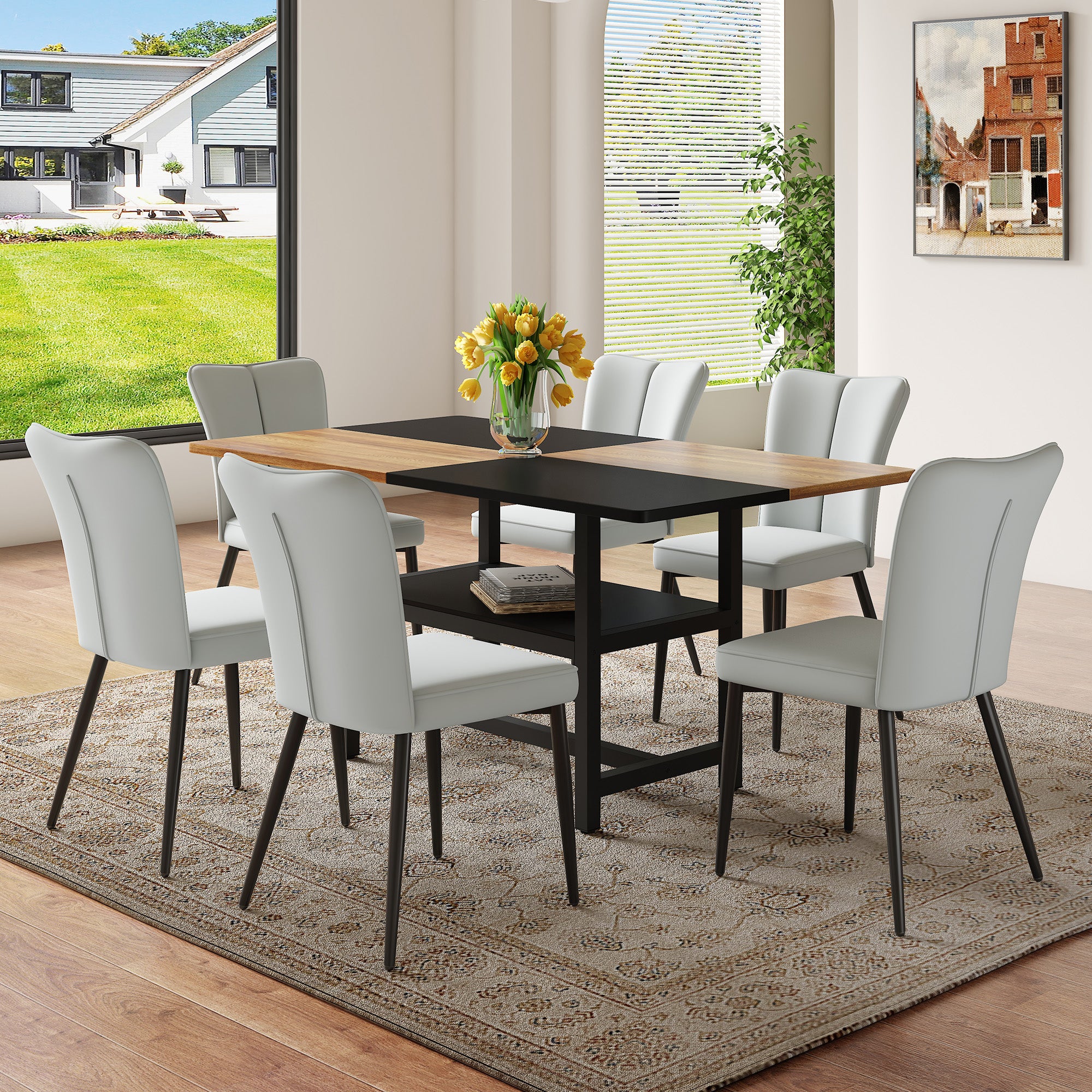 160 cm Dining Table Set with Storage & 6 Chairs, Light Grey PU Leather