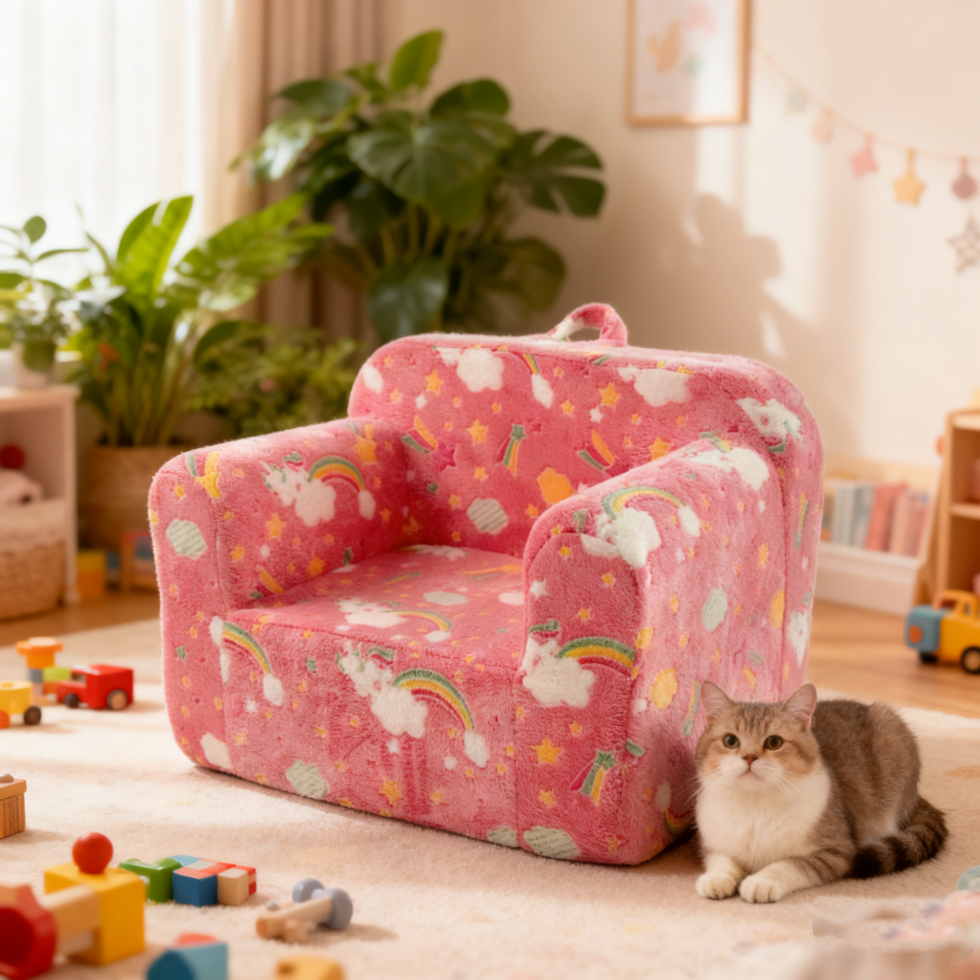 Children's Foam Chair/Sofa - Handle, Pockets - Pink Rainbow