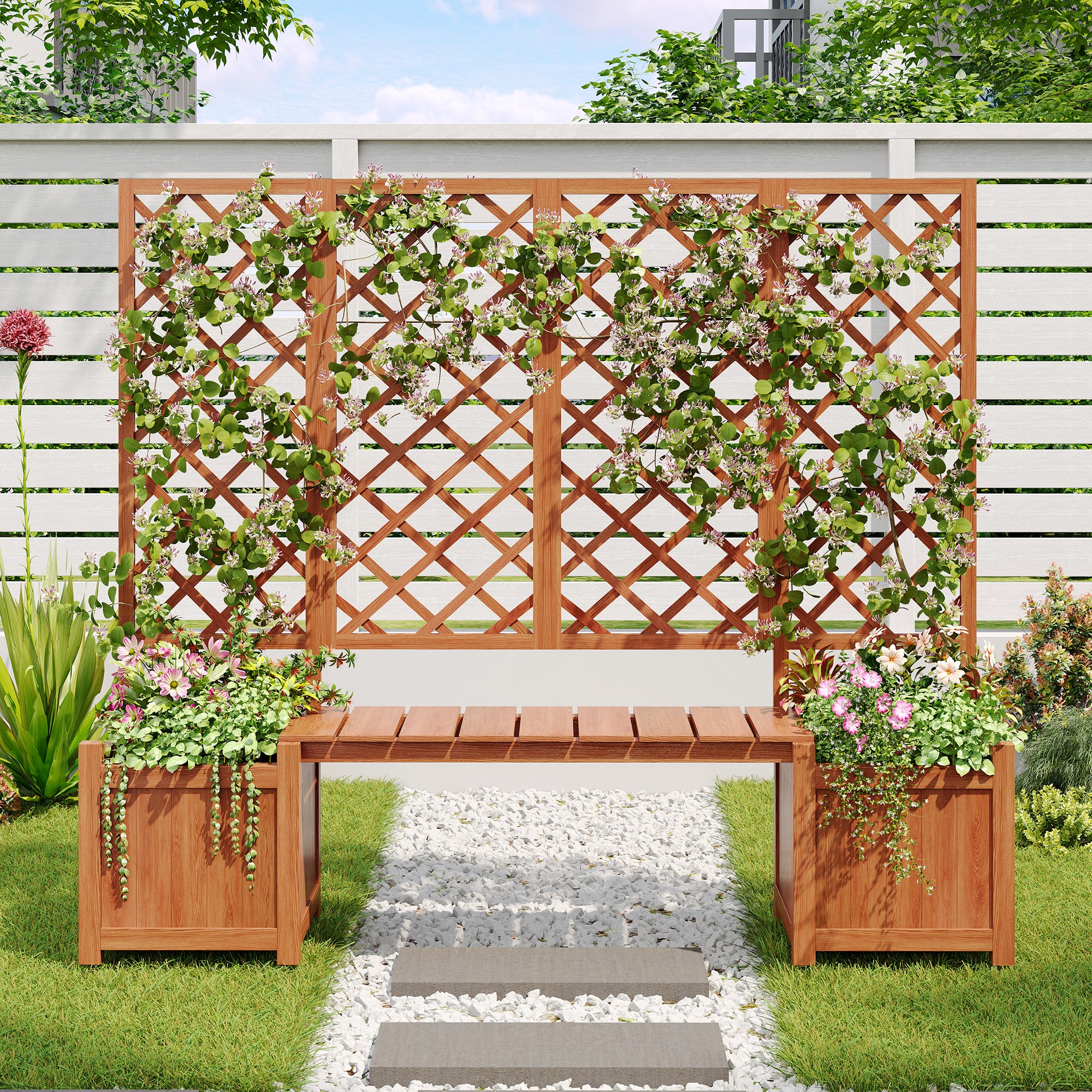 Planter Box with Trellis, Seat & Storage - Brown Solid Fir Wood