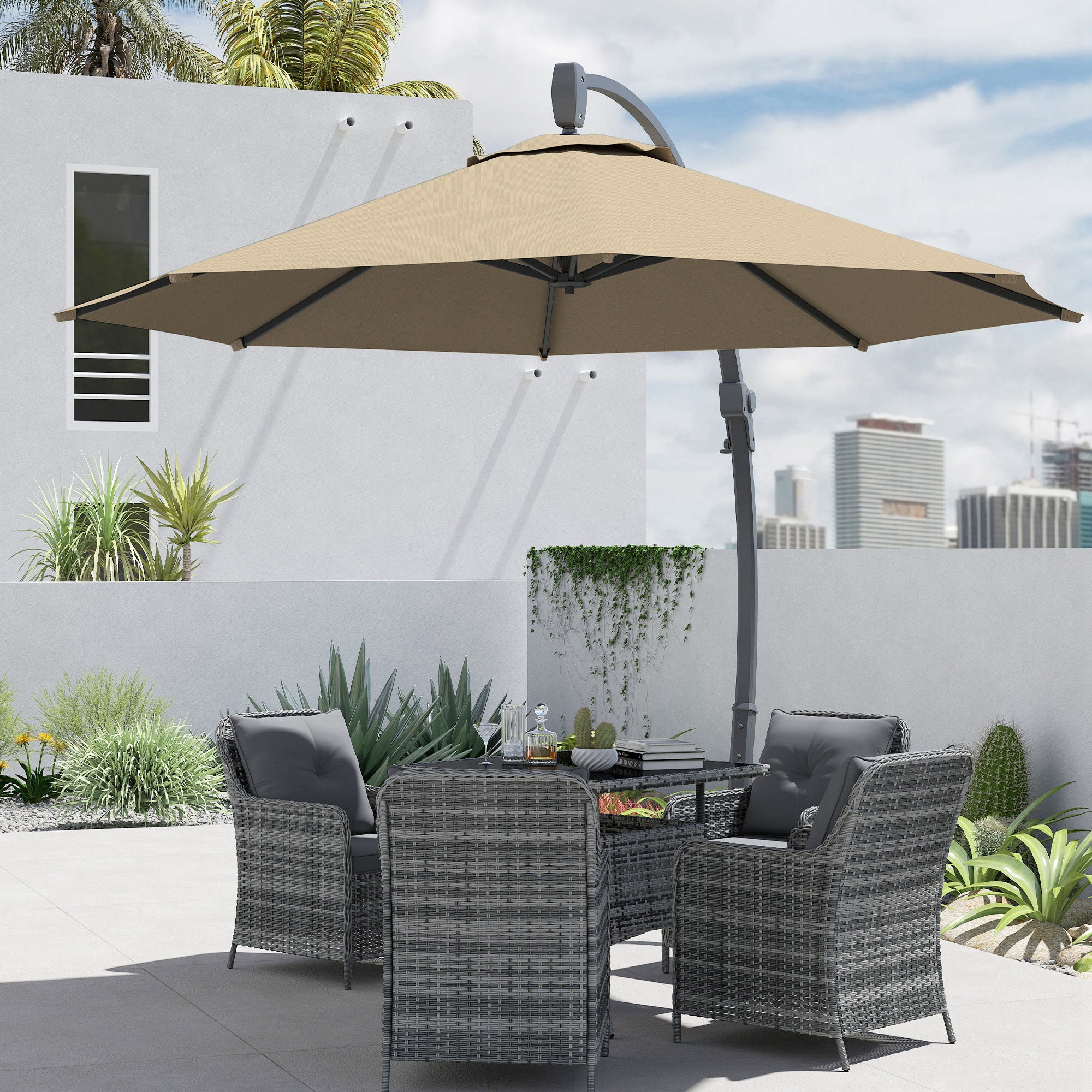 3m Cantilever Parasol, Round Overhanging Umbrella, Crank, 360° Rotation, Khaki