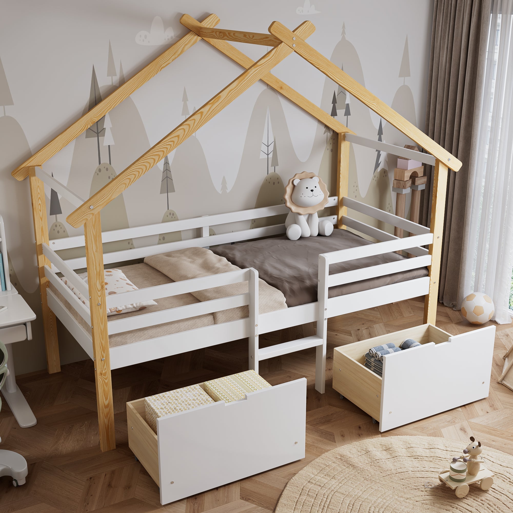 Wooden Children's Bed 3ft Single 90x190cm with Safety Guardrail, Storage Drawers, Imitation Roof Shape, White & Natural