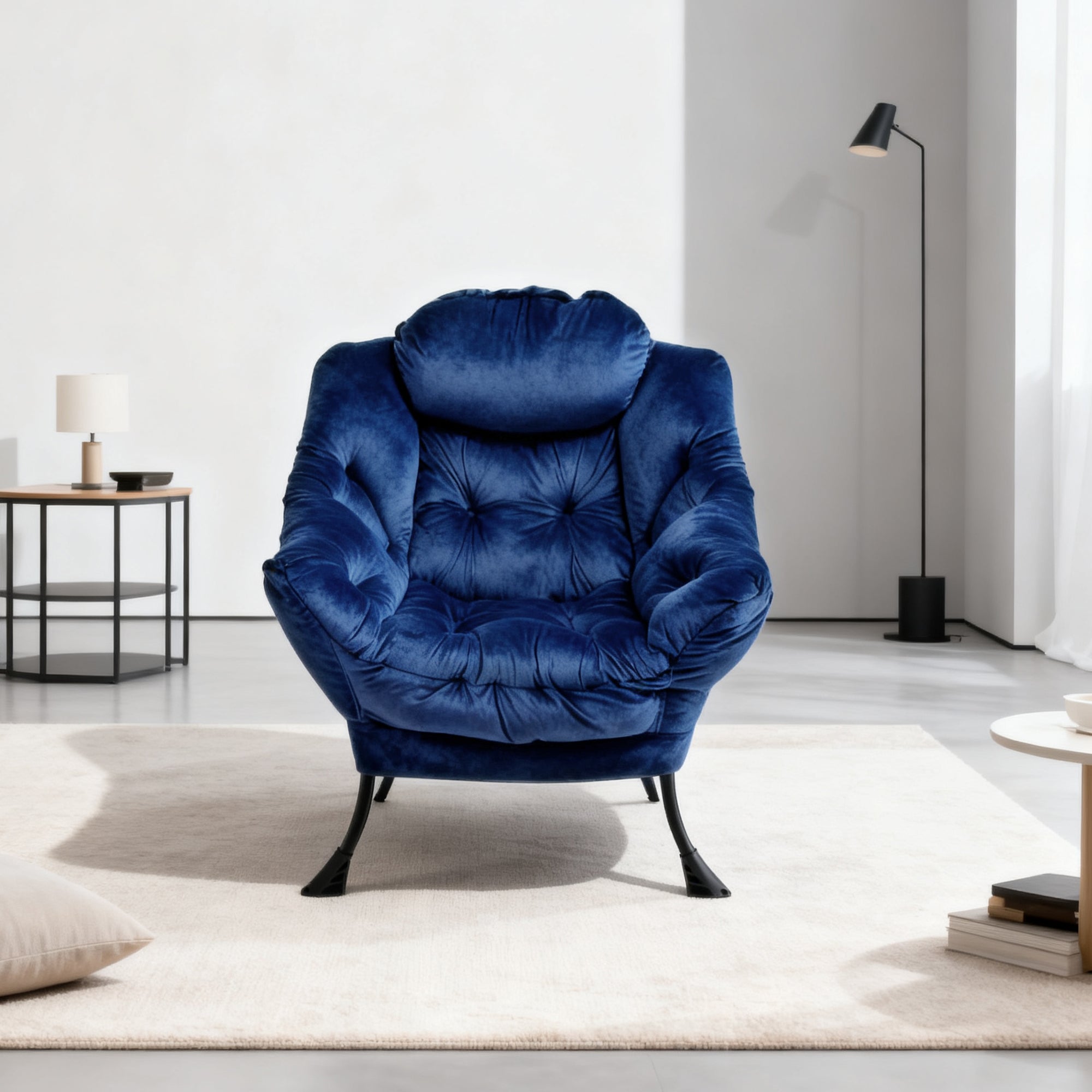 Armchair Footstool Recliner Side Pocket, Dark Blue Fabric
