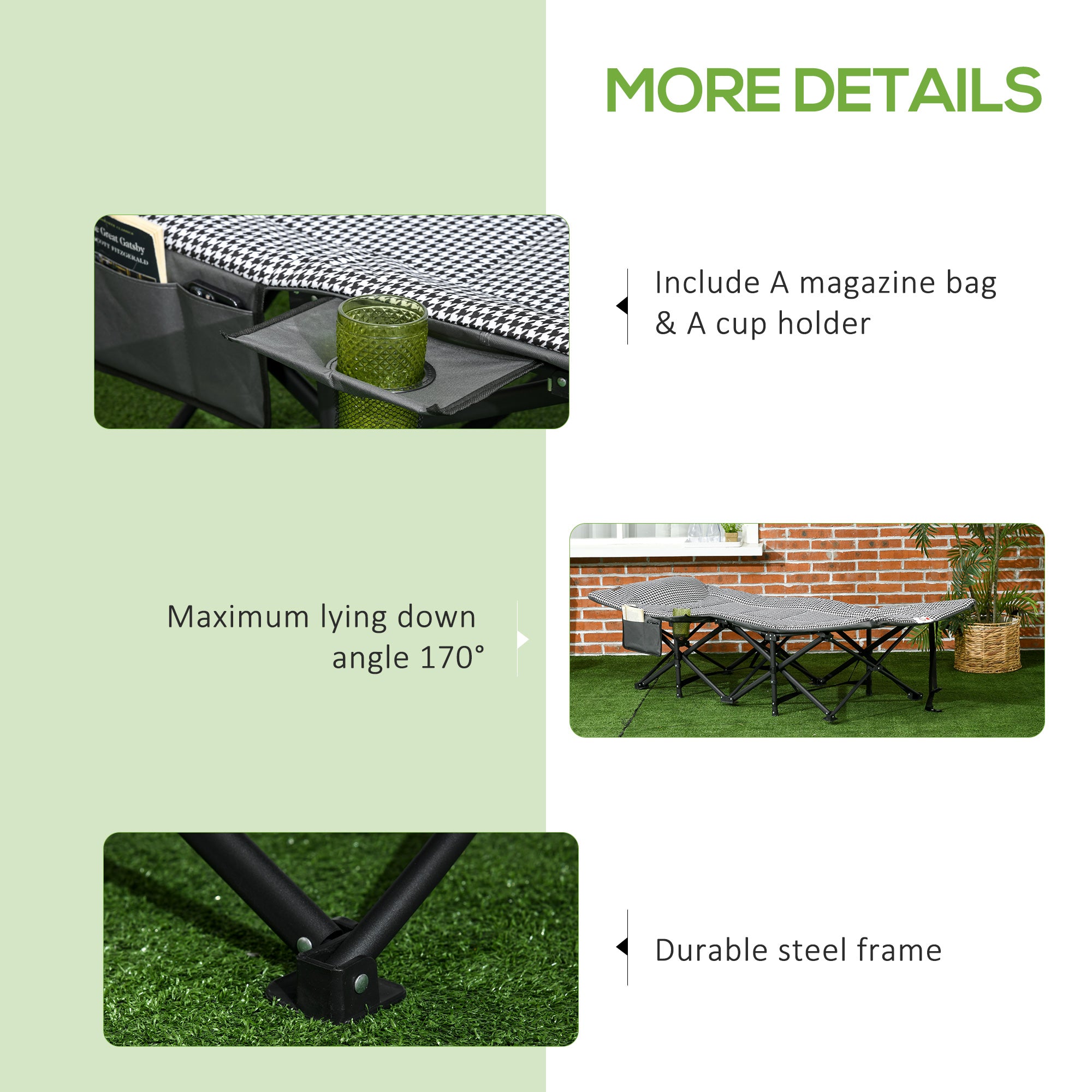 Foldable Camp Bed, Padded with Carry Bag, Cup Holder - Black