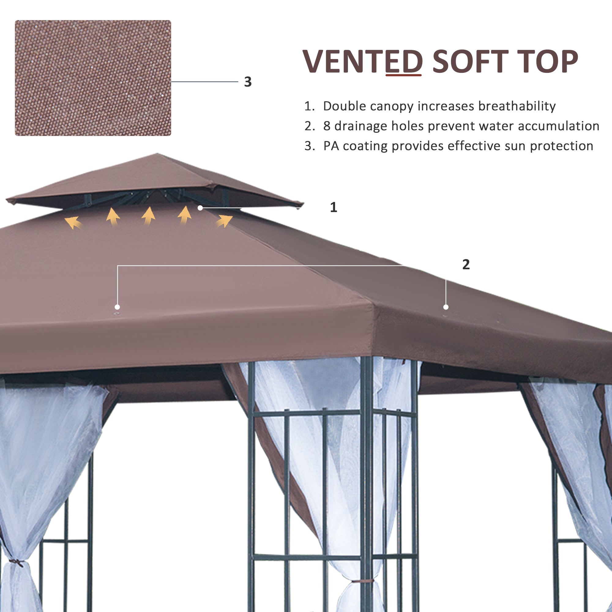 3x3m Patio Gazebo Canopy with 2-Tier Roof & Mosquito Netting, Steel Frame, Coffee
