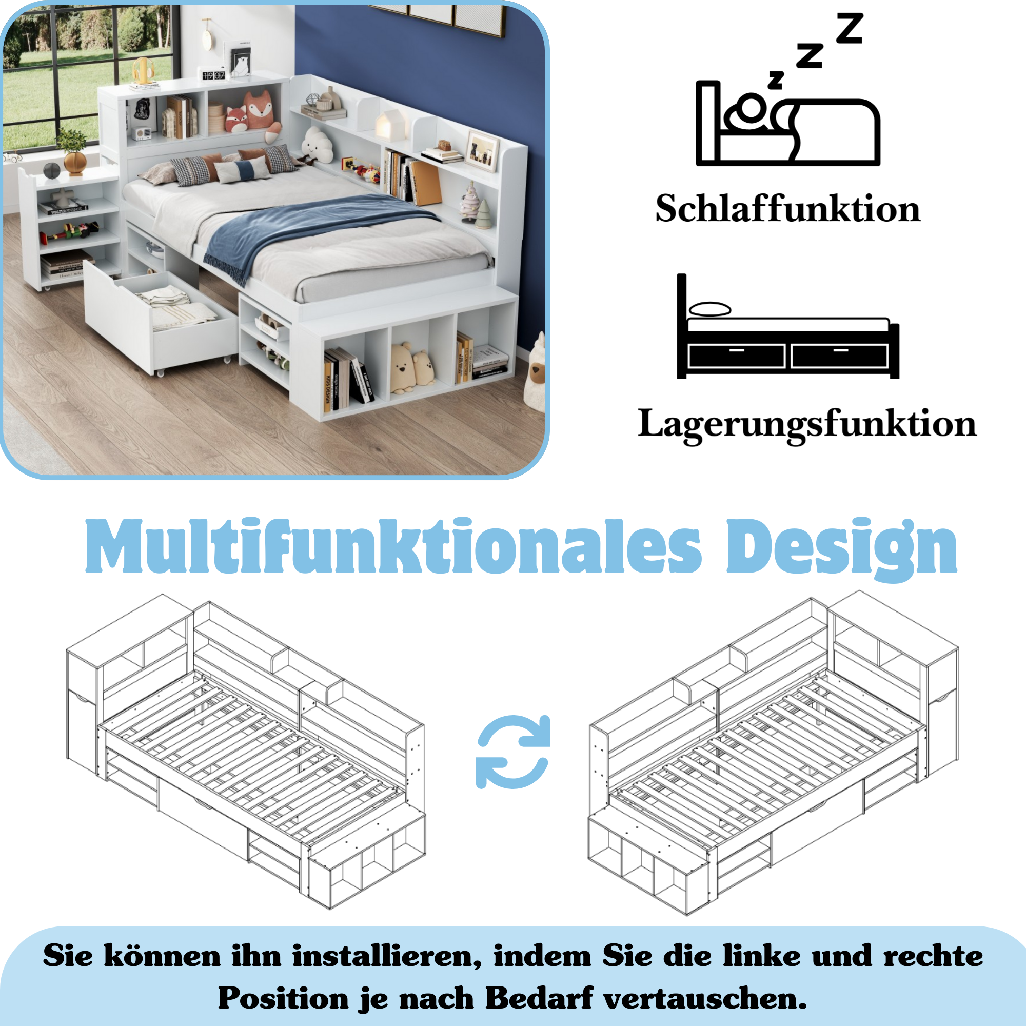 Children's Bed, Single, Multifunctional with Storage and Slatted Base, White