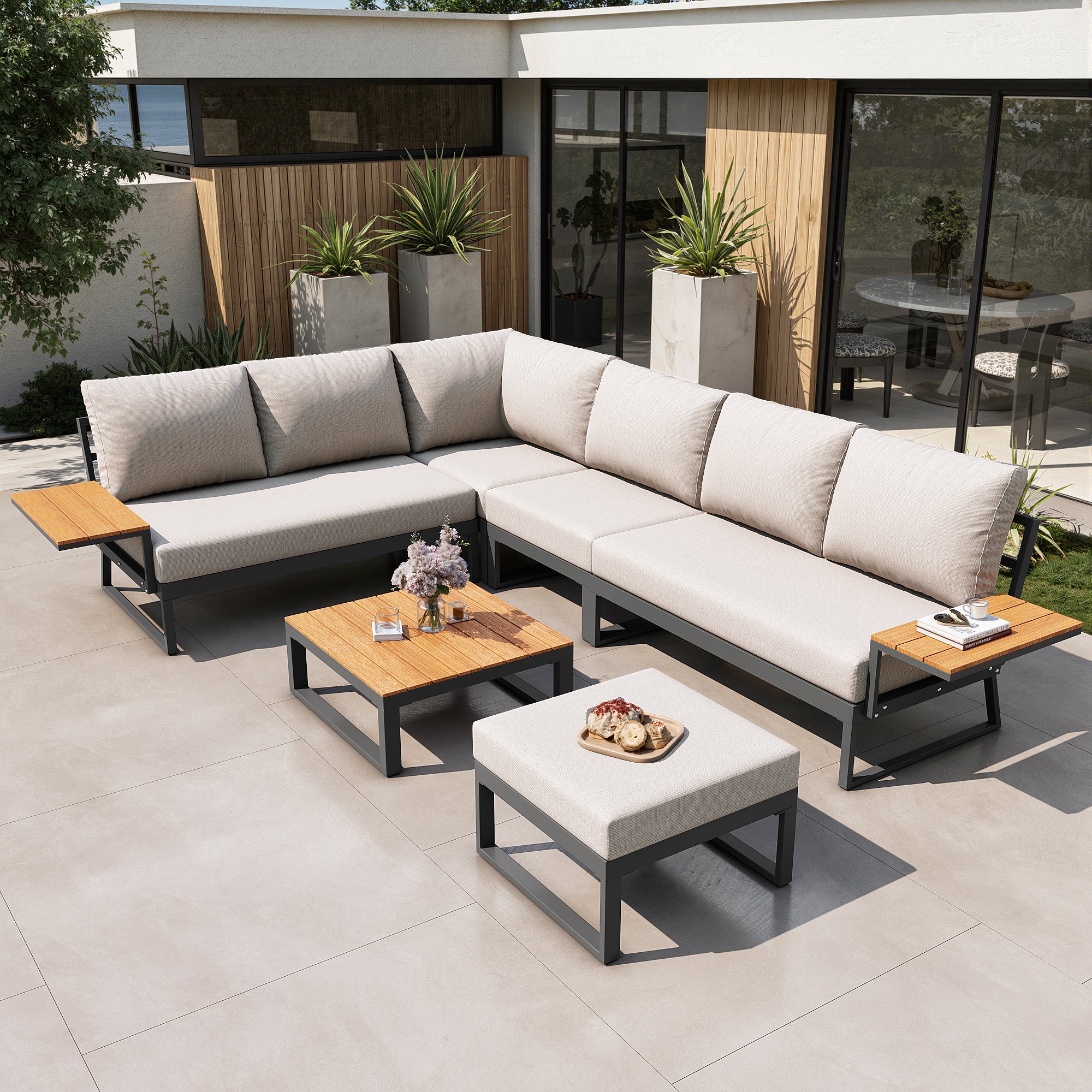 L-shaped Garden Sofa Set 7-Seater Lounger with Table Armchair Stool - Grey/Beige