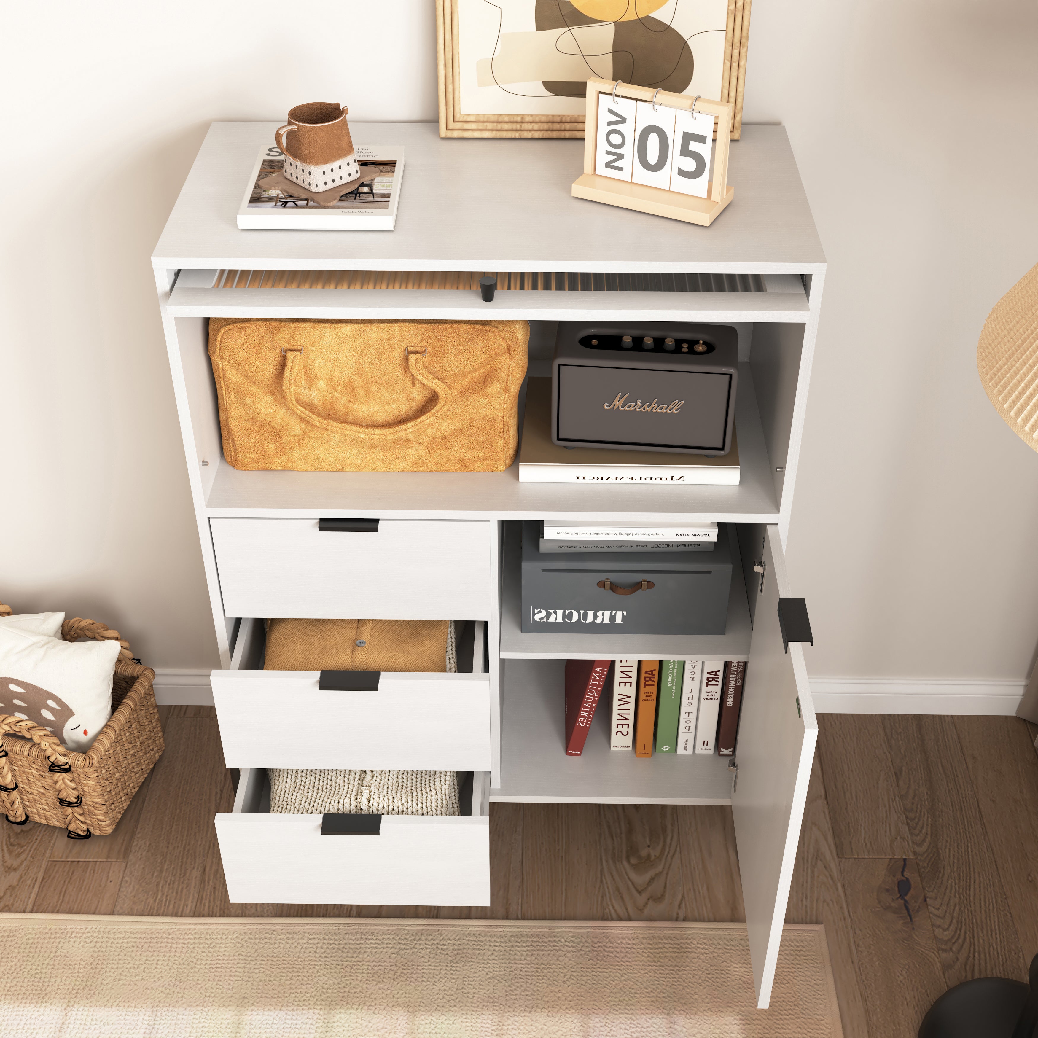 Sideboard with 3 Drawers 1 Glass Door Storage 85x40x120cm - Wooden