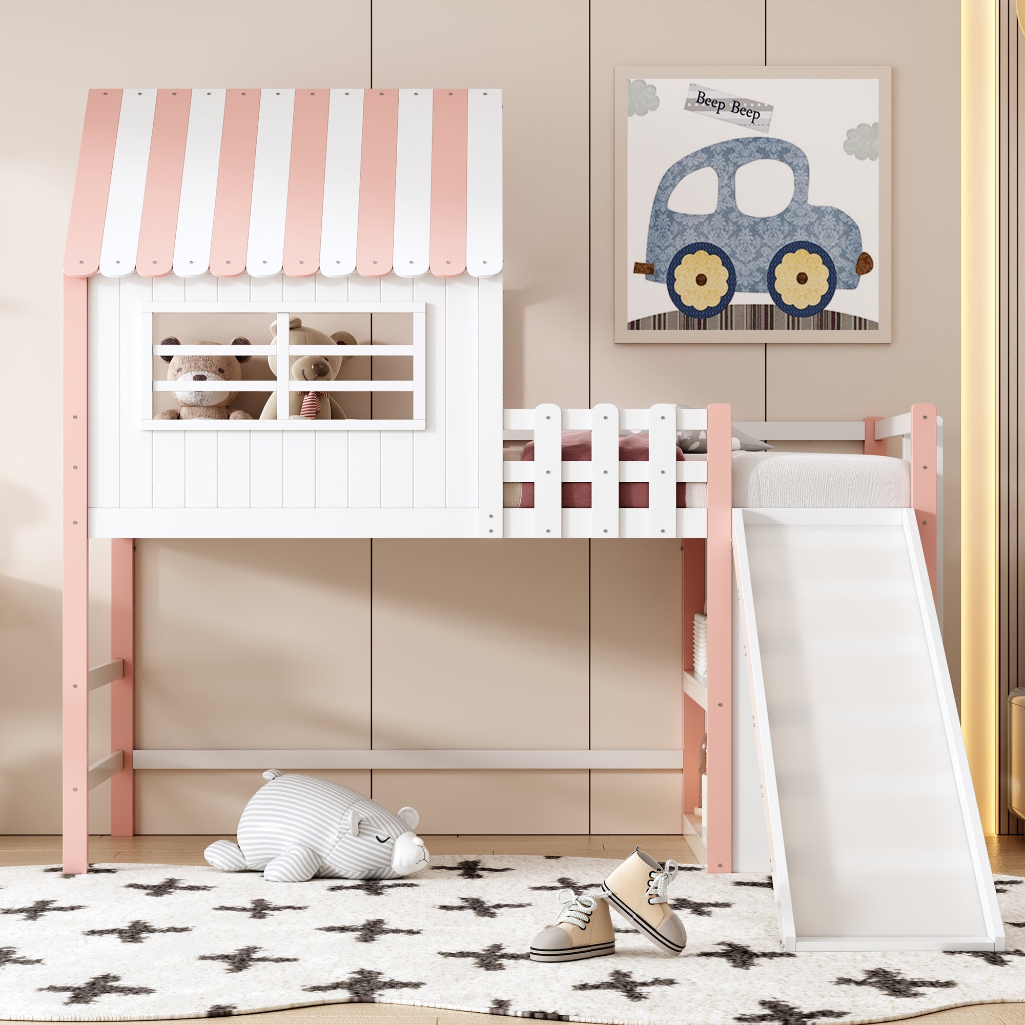 Children's Bed, Attic Design with Safety Ladder & Slide, Multi-Level Storage, Solid Wood, Pink