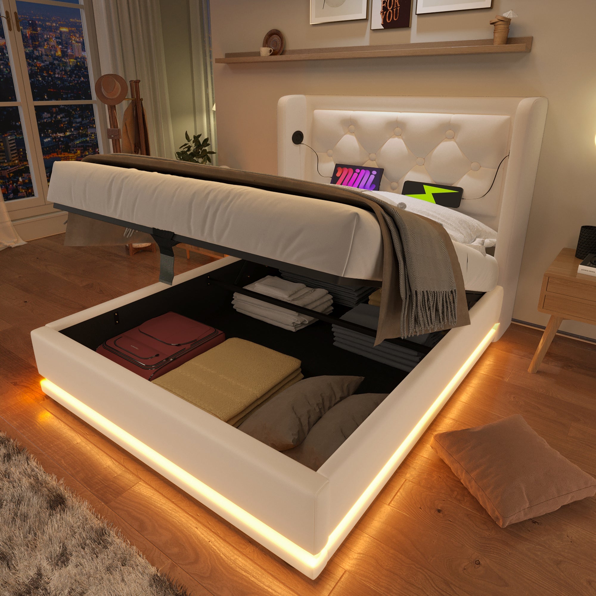 Upholstered Single Bed 90*200cm Hydraulic Storage Headboard USB Type-C LED, White PU